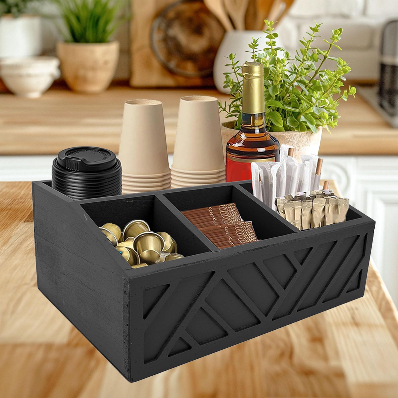 Cocoarm Teebeutel-Organizer aus Holz, Teebeutelhalter mit Geteilter Aufbewahrungsbox für Teebeutel, Kaffeekapseln und Pappbecher, Glatte Oberfläche für die Theke Im Heimbüro (BLACK)