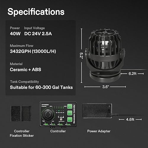 Miniatura 6 de VIVOSUN Aquarium Wave Maker, bomba de circulación 3432GPH con controlador y base de succión magnética, cabezal de potencia sumergible ajustable para
