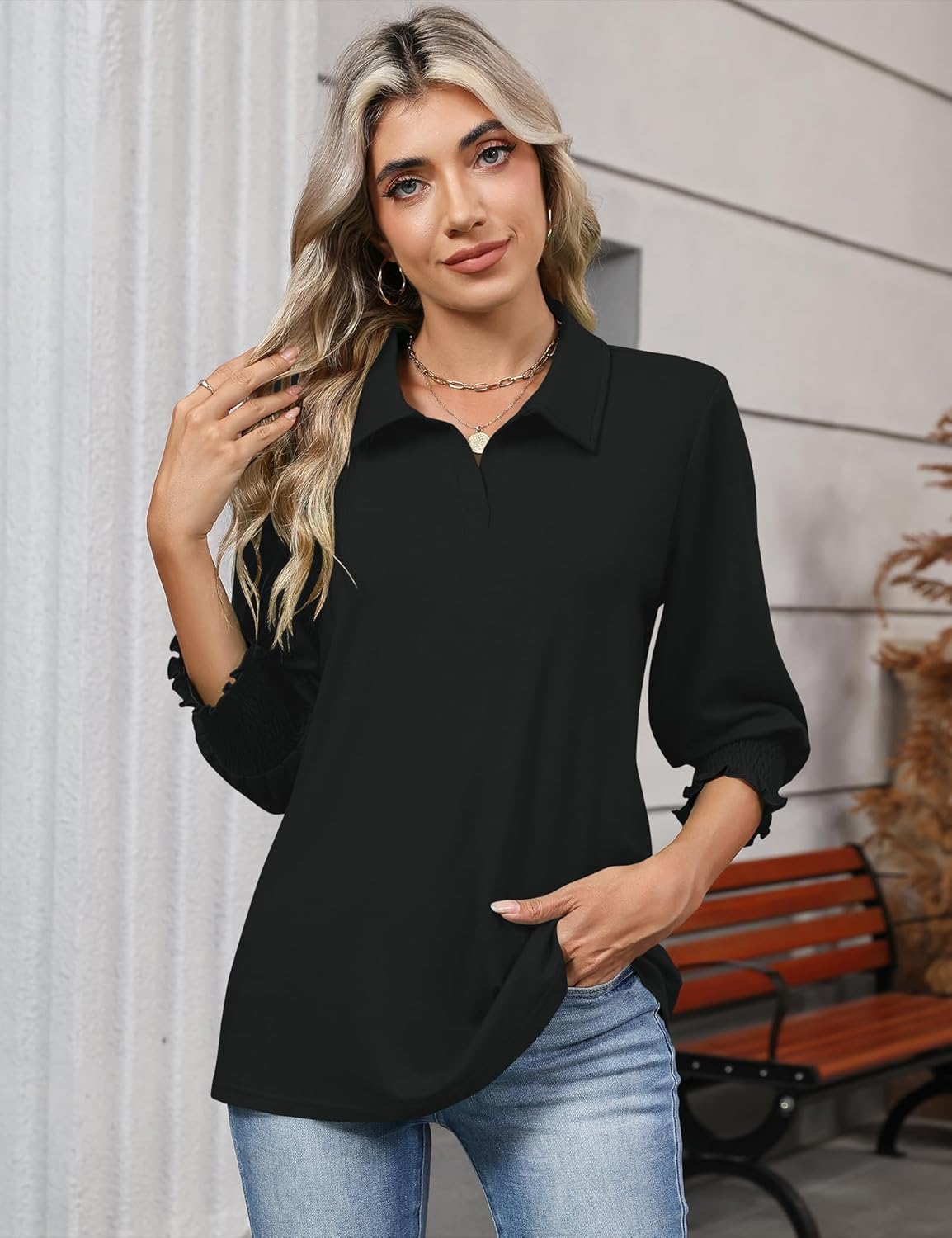 Ivicoer Womens 3/4 Length Sleeves Polo Shirts Collared Tops Business Casual Blouses Basic Tees Trendy Outfits Spring Clothes - Image 2