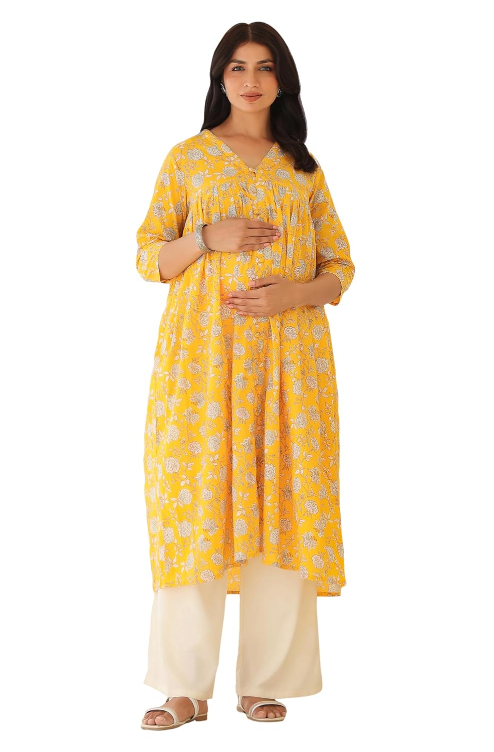 Janasya Women's Yellow Pure Cotton Floral Printed Empire Maternity Kurta (MAA25KR01182-S)