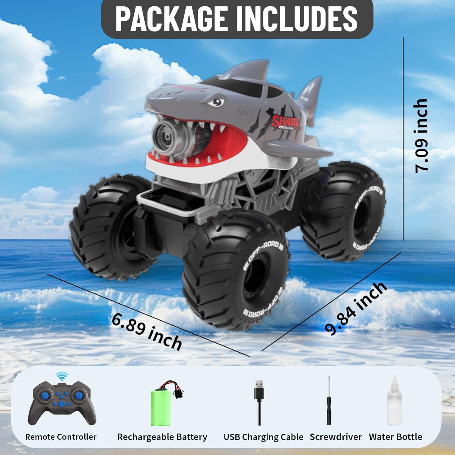 Amphibious RC Monster Truck with Bubble Maker for Kids 4-7 8-12, 4WD All-Terrain Waterproof Shark Remote Control Car Truck, 2.4GHz Remote, 360° Rotation, RC Car Water Summer Toys for Boys
