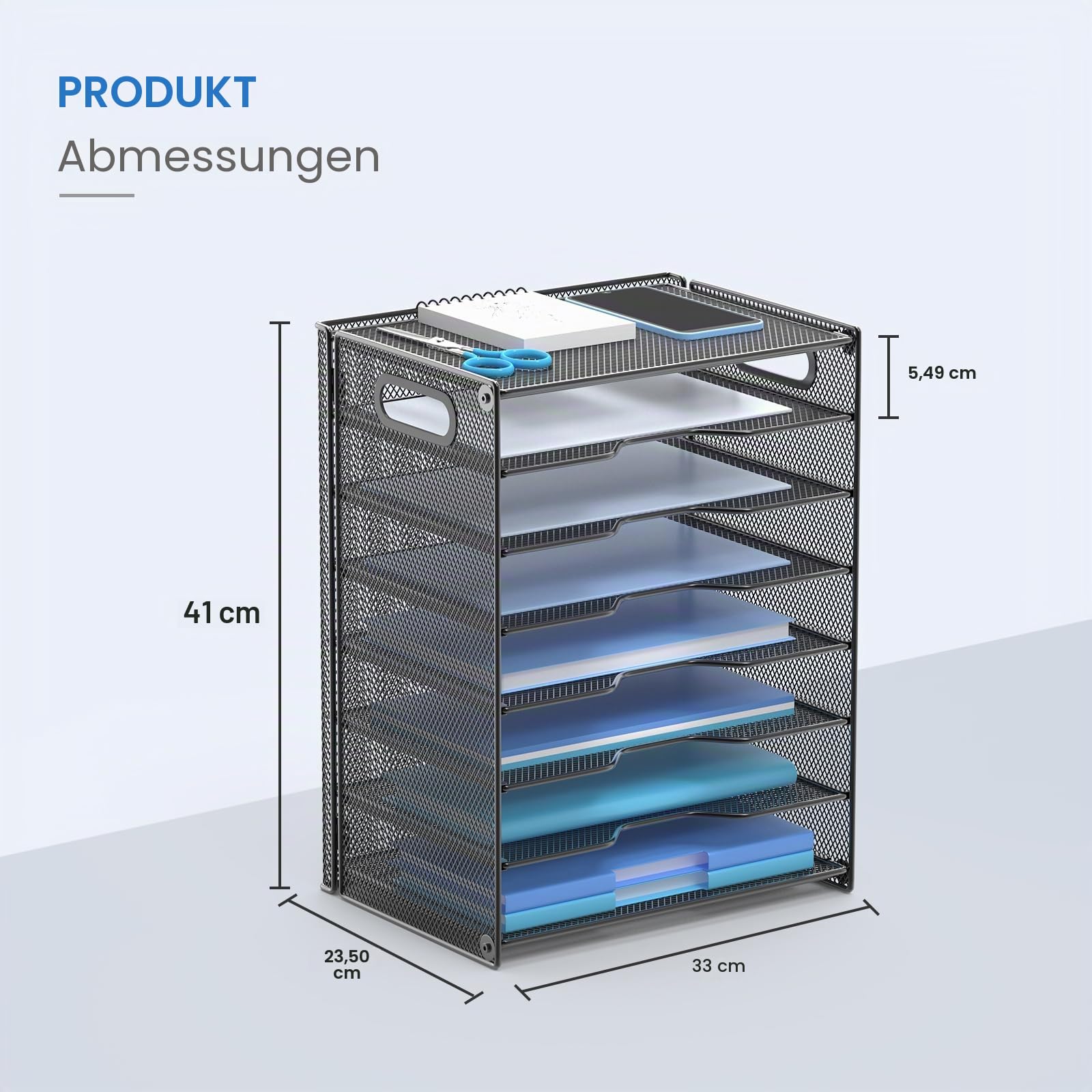 OUTWOLF Schreibtisch Organizer mit Griff, 8 Ebenen Briefablage Stabile Metall-Ablagefächer, Ablagefächer Bürobedarf für A4 Dokumentenablag, Papier, Buch, Magazin (Schwarz)