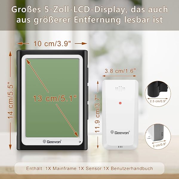 Geevon Wetterstation Funk mit Außensensor, DCF Digital Wettervorhersage, Innen/Außen Temperatur Hygrometer, Funkwetterstationen, Alarmfunktion und Mehrfachmontageoptionen Wecker (256305 mit batterien) - 5