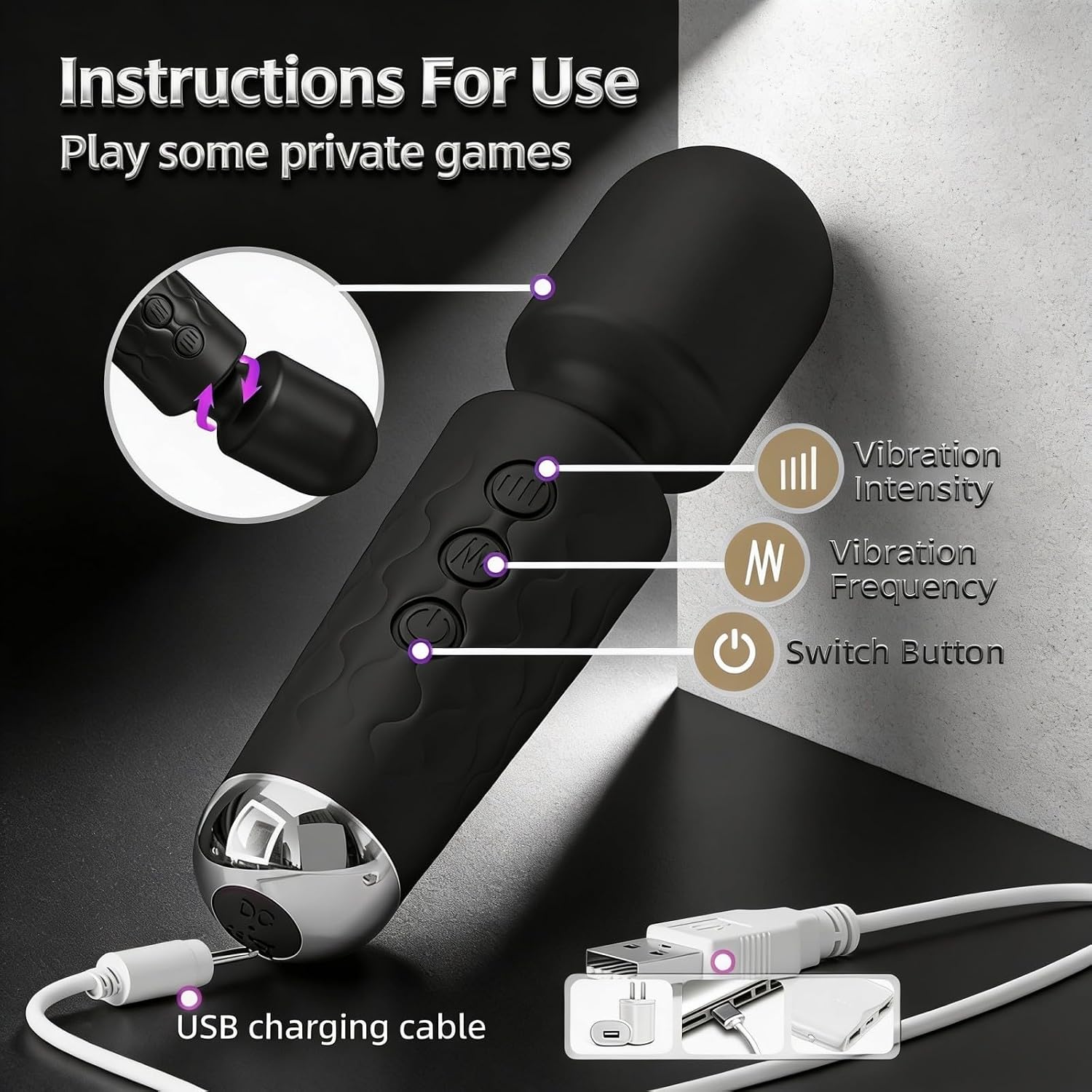 Massage Stick Portable Handheld Mini Relaxation Massage Wand,Waterproof Rechargeable,Back Neck Legs Muscles Relaxation,Home Travel,Strong Powerful Compact (Black)