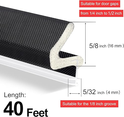 Miniatura 3 de Burlete de puerta de 40 pies, burlete para puertas con ranura, sello de puerta para gran espacio y fácil instalación (40, negro)
