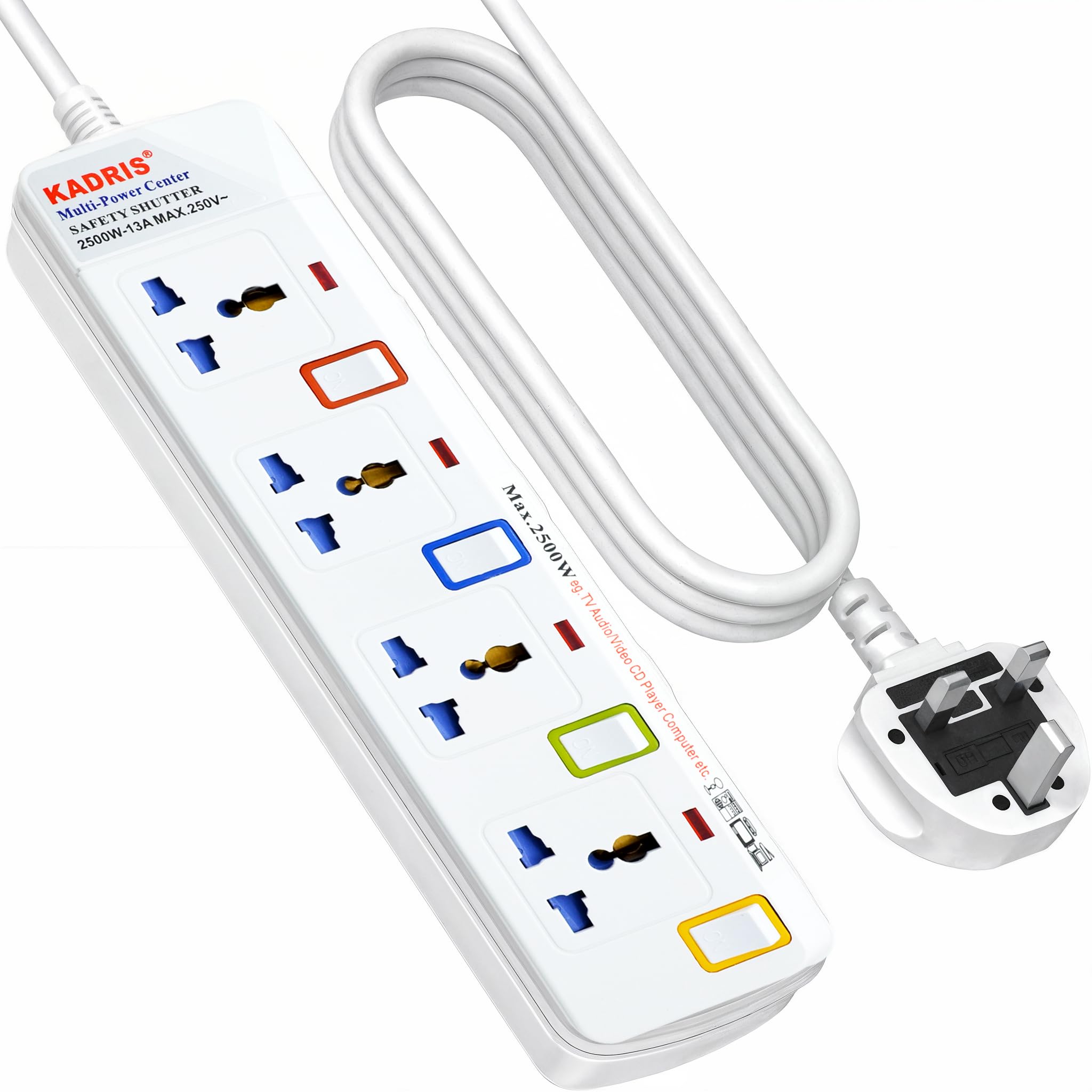 Power Strips 914 Heavy Duty Extension Cord with 4 Way Outlets and Individual Switch, 3 Meter Length, White