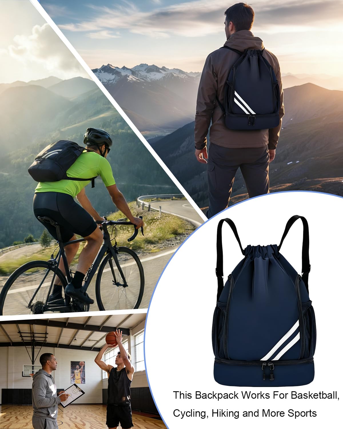Bleu Marine Sac a Dos de Sport étanche Pliable, Sac de Sport Homme Femme et Enfants, Avec Compartiment à Chaussures Séparé, Poche Principale et Intérieure, Sacs de Gym Pour Voyage Gym Plage Piscine