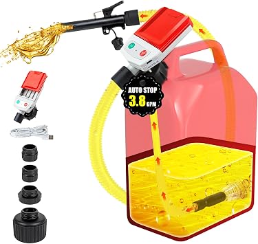 Fuel Transfer Pump with Auto-Stop, 3.8 GPM Battery & USB-C Powered | Cordless, Full Alarm, 51 Hose, 4 Adapters, Portable Liquid Transfer Pump for Gasoline/Diesel/Kerosene