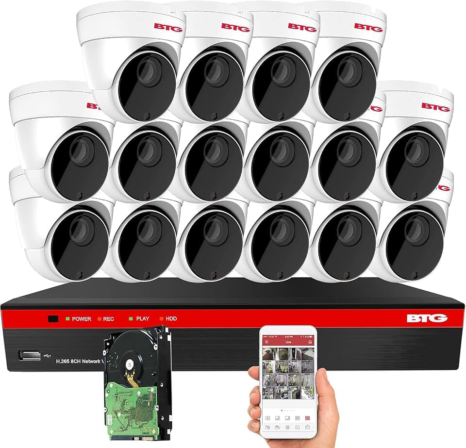 BTG 5MP PoE NVR Security IP Camera System 4K NVR Built-in PoE with Outdoor Surveillance IP PoE 3.6mm Bullet Cameras HD 2592 x 1944 IR CCTV System H.265 (16 Camera System, Dome System)