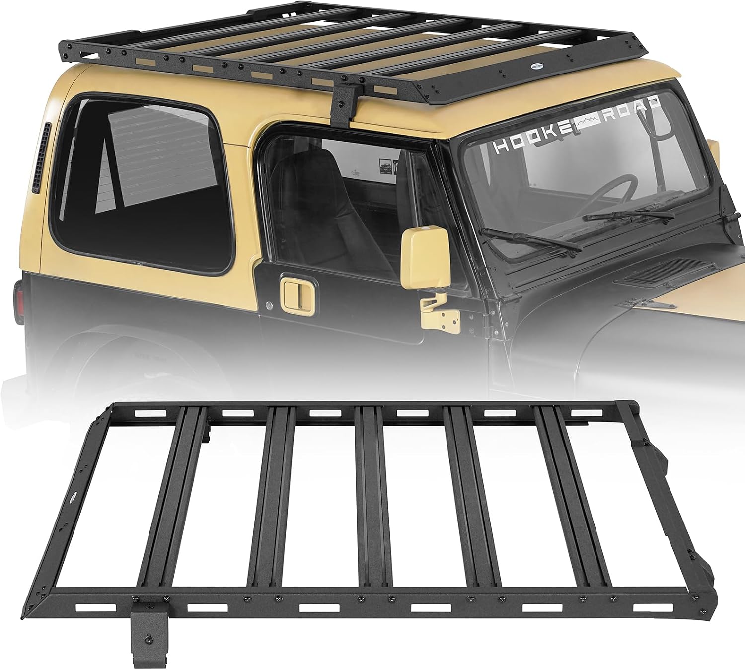 Hooke Road YJ Roof Rack Aluminum Cross Bars Overland Rooftop Cargo Carrier Basket for 1987-1995 Jeep Wrangler YJ (Hardtop Only)