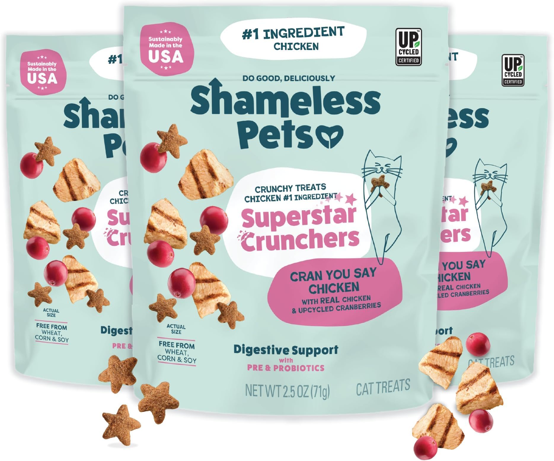 Shameless Pets Crunchy Cat Treats - Kitty Treats for Cats with Digestive Support, Natural Kitten Treats with Real Chicken, Healthy Flavored Feline Snacks - Cran You Say Chicken, 3-Pk