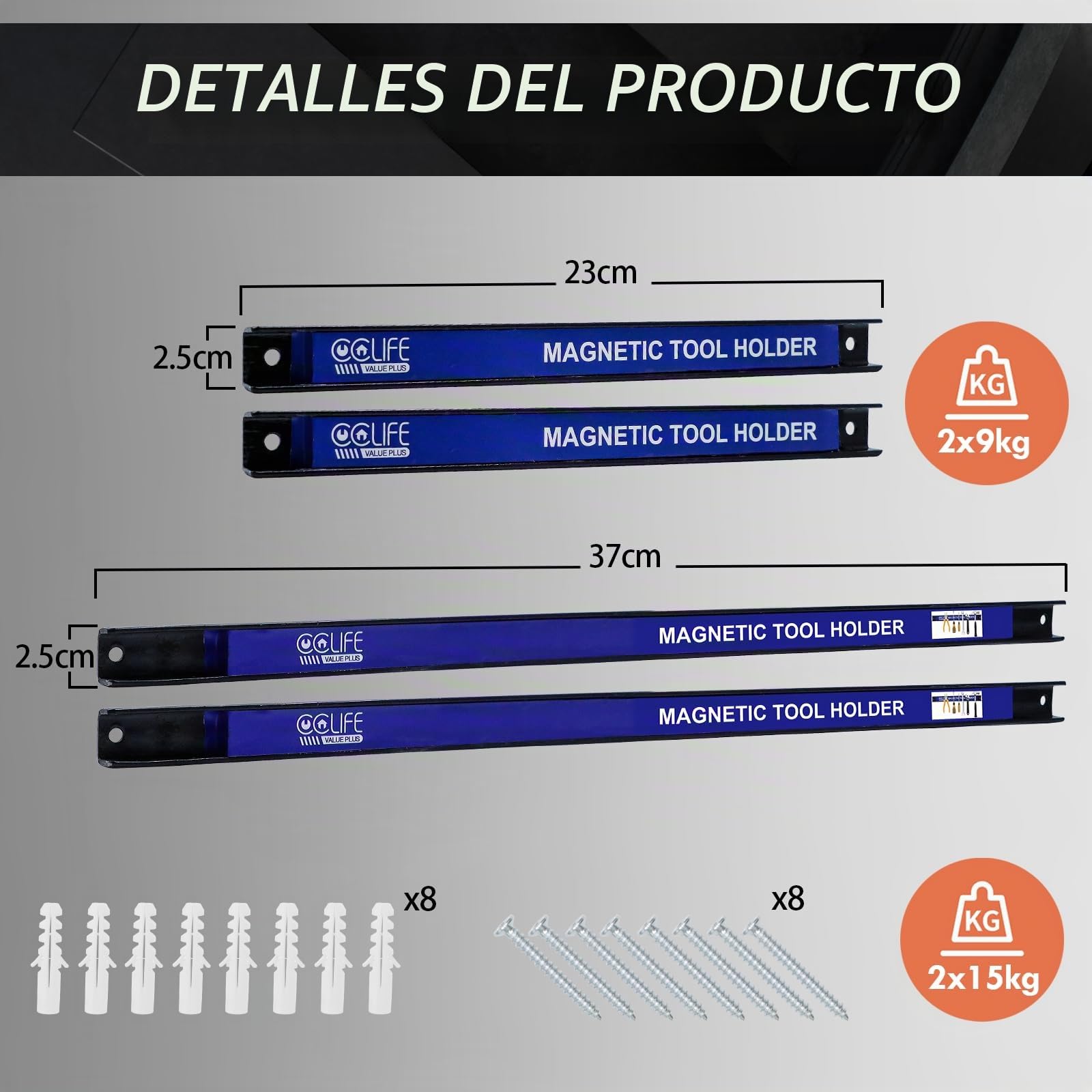 CCLIFE 4piezas Imán Herramientas 37 CM y 23 CM Tiras Magnéticas Para Herramientas 15 & 9 KG Imán Herramientas Barra Iman Herramientas