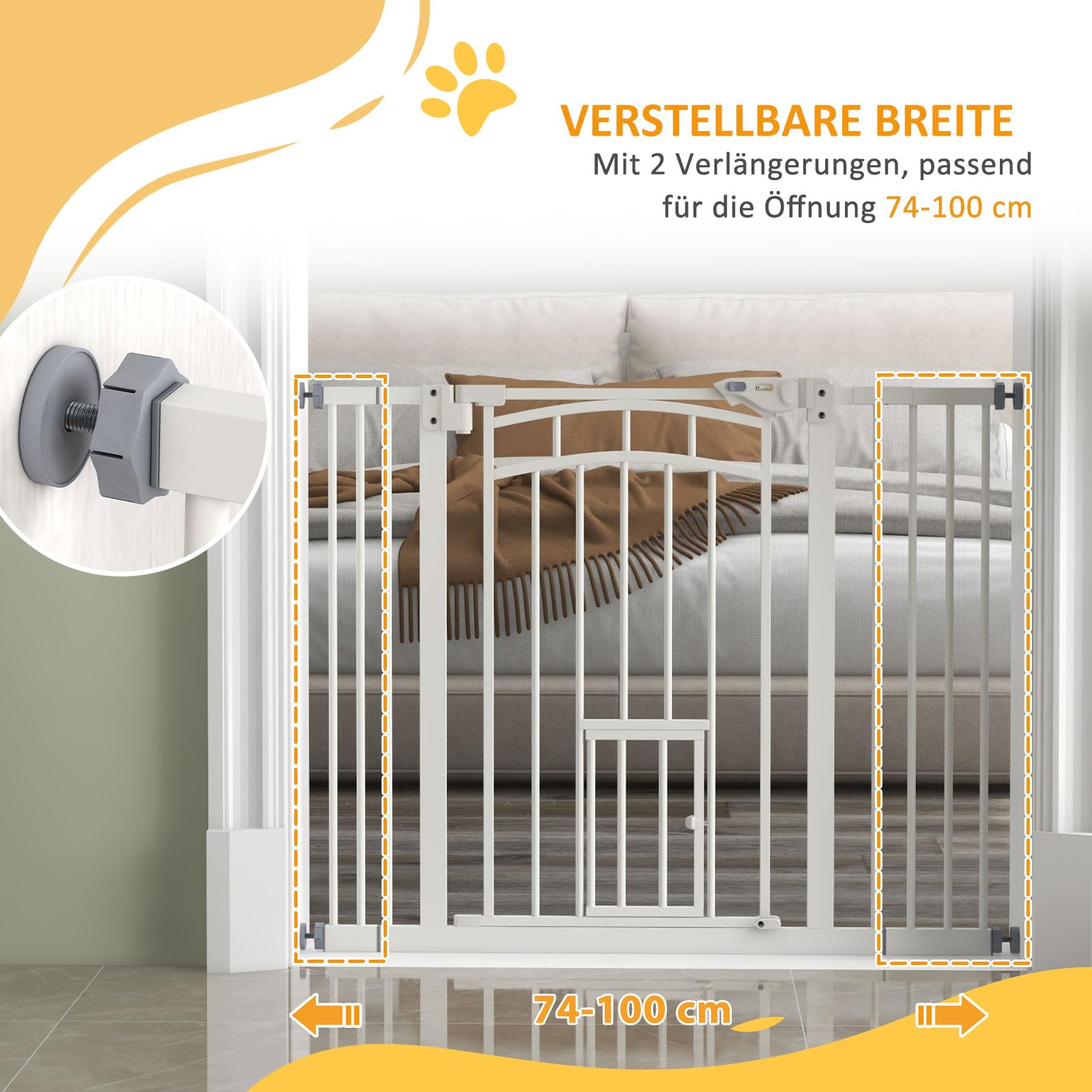 PawHut Türschutzgitter Treppenschutzgitter mit 7/14 cm Verlängerung Türgitter ohne Bohren Treppengitter für Breiten 74-100 cm Einhändiges Öffnen Stahl Weiß