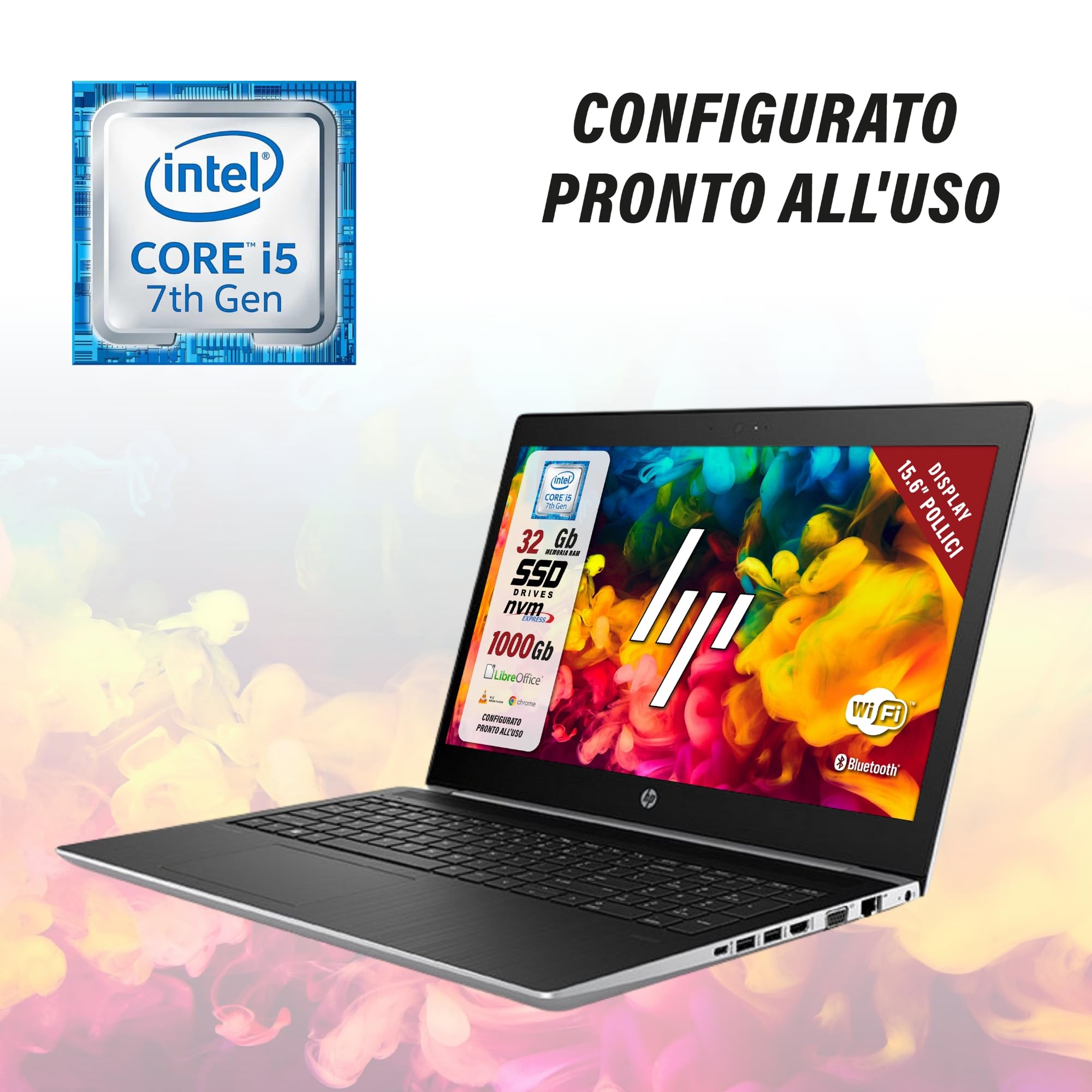 HP Probook, Pc Portatile intel i5-7200u 2.5Ghz 2 Core, Display HD da 15.6", Ram 32Gb, SSD 1000 Gb, Notebook Pronto all'uso con Libre Office, Omaggio Chiavetta USB Finger Print (Ricondizionato)