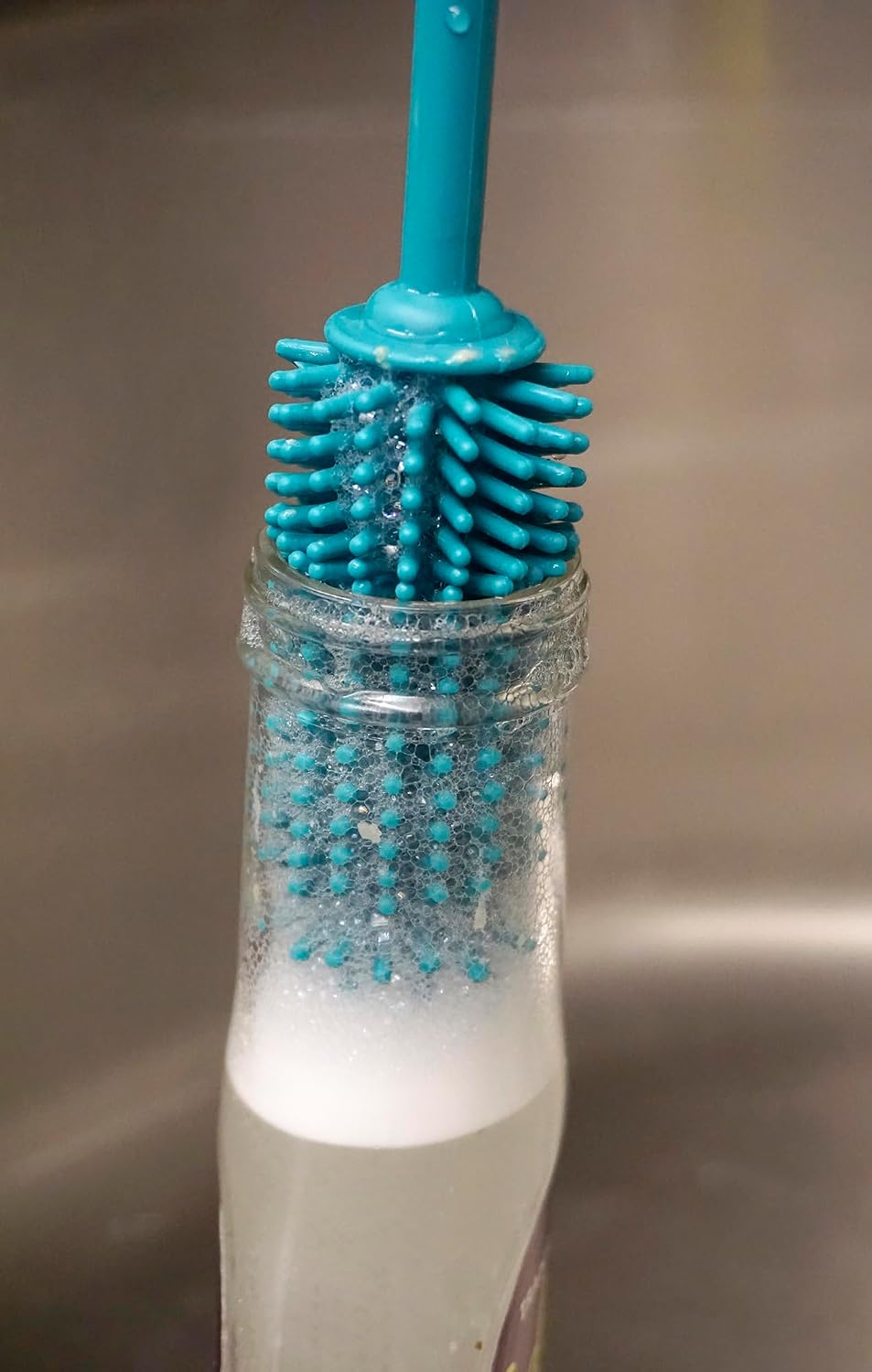 RSVP International Kitchen Scrubber Collection Dishwasher Safe, Silicone Bottle Brush, 12.5", Turquoise