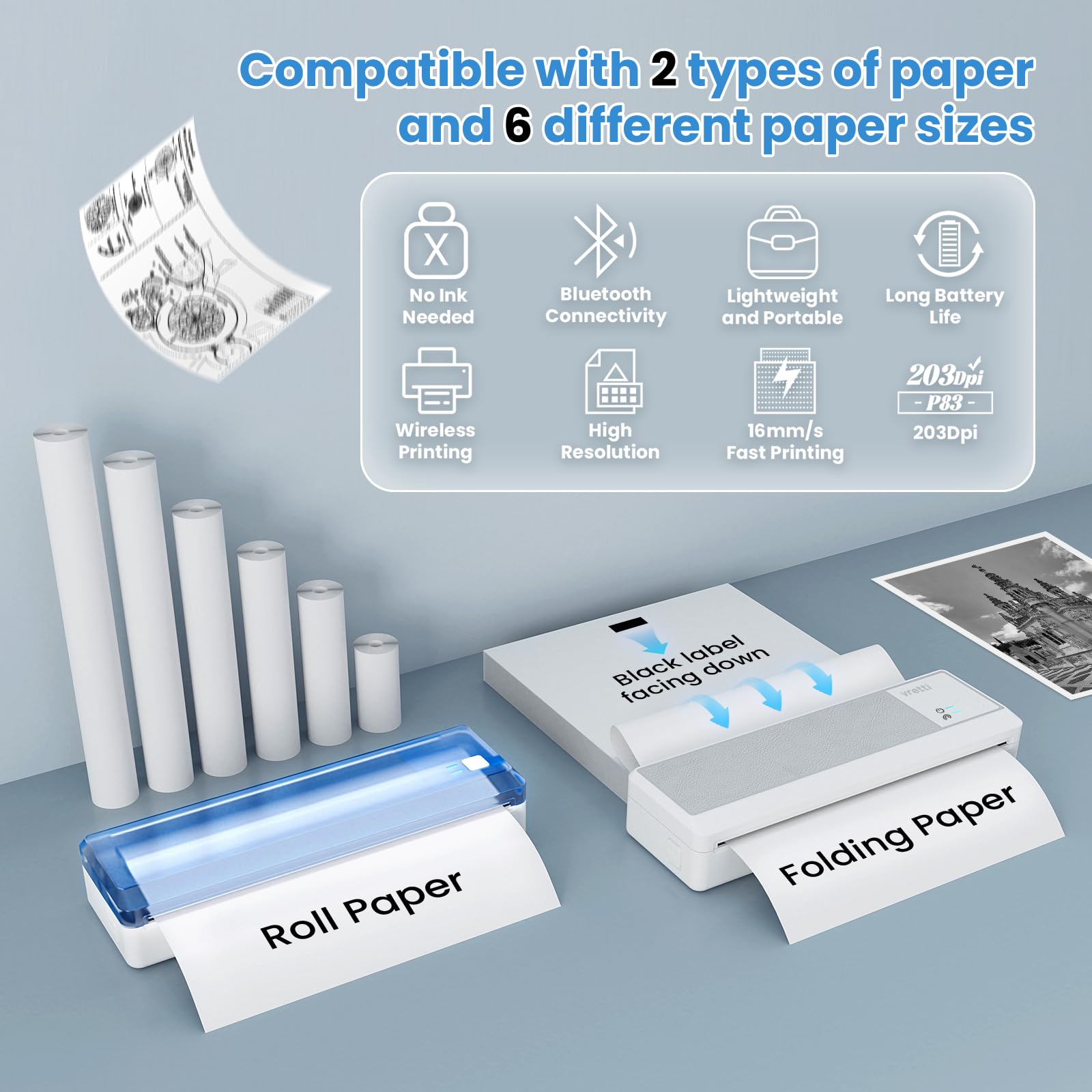 Amazon.co.jp: vretti P83 ポータブル サーマル プリンタ、ワイヤレス