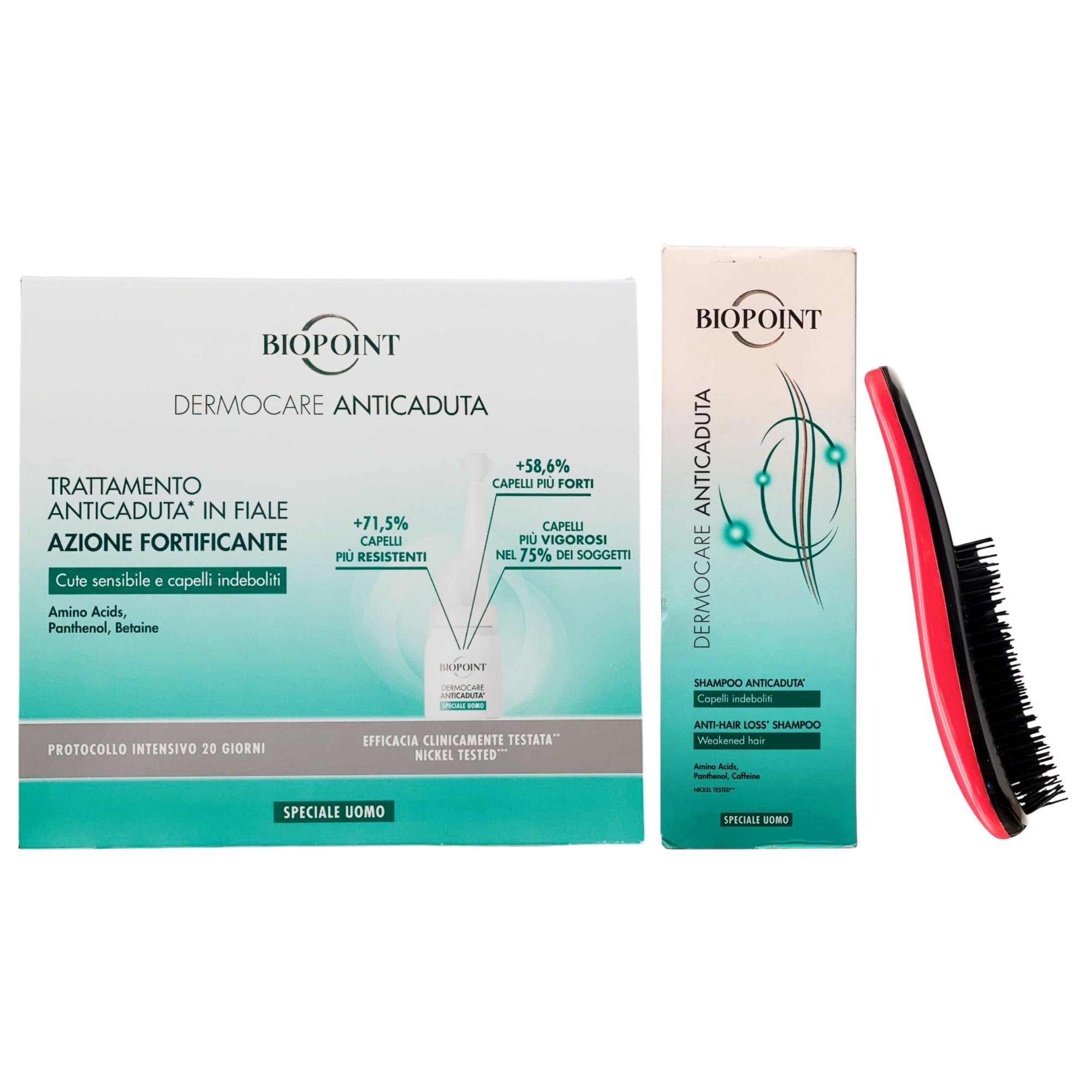 SET DERMOCARE ANTICADUTA Uomo: Shampoo Per Capelli Indeboliti 200ml + Trattamento In Fiale, Azione Fortificante. Per Cute Sensibile e Capelli Indeboliti (20 Fiale Monodose 6ml) + Spazzola