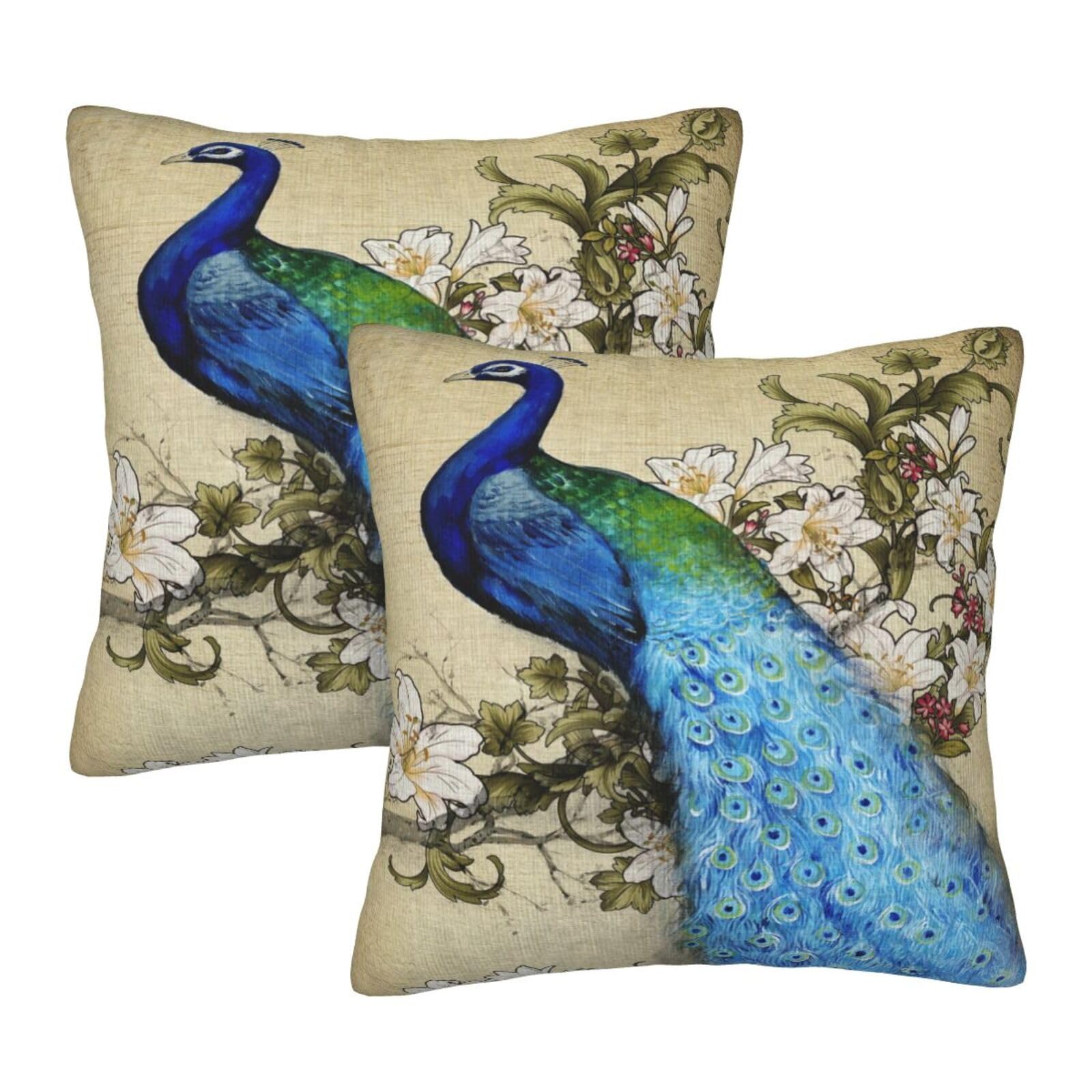 Lukbfall Peacock Throw Pillow Covers 16 X 16 Inch Decorative Pillowcases Square Cushion Cover for Couch Bedroom Living Room Home, Set of 2
