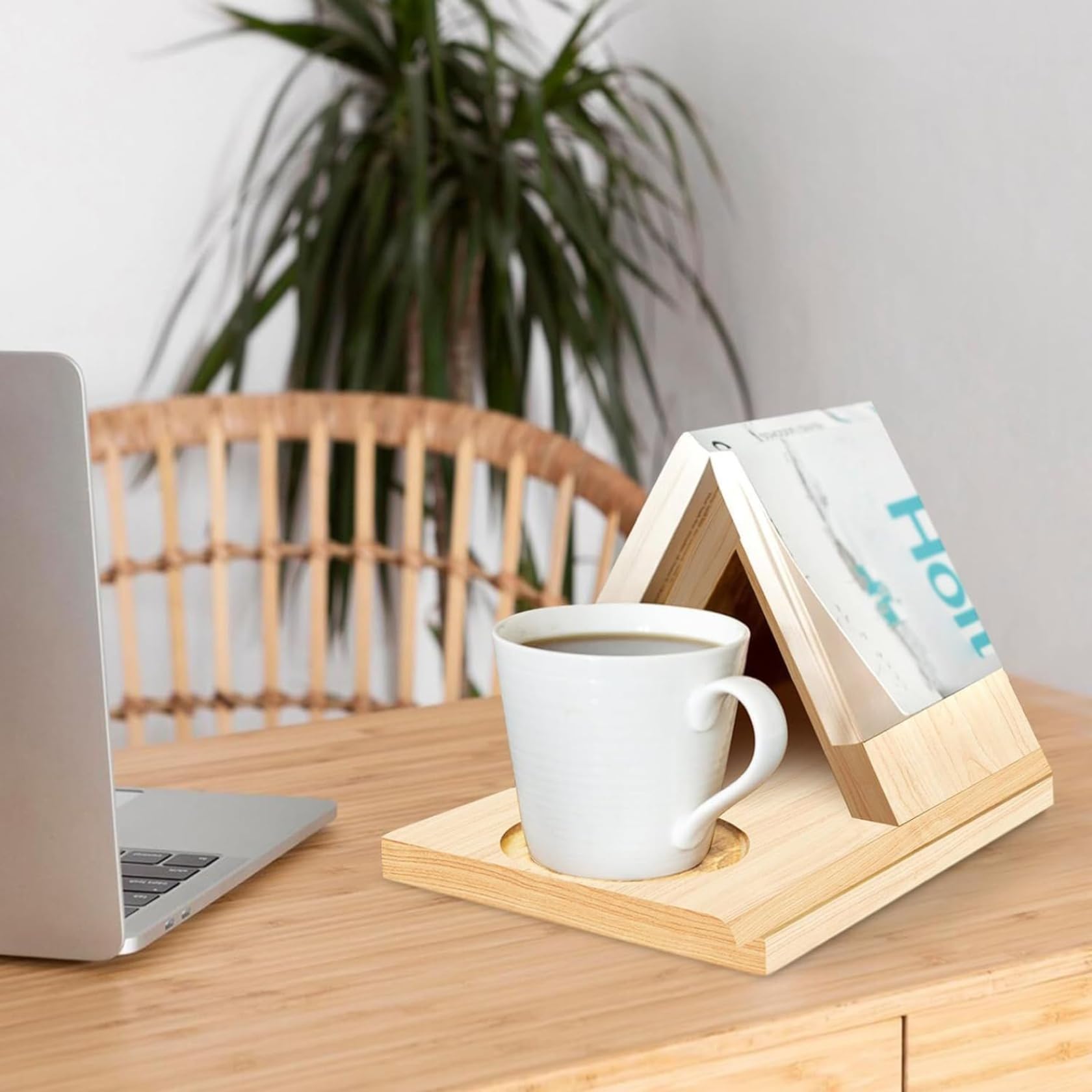 Support de livre triangulaire, repose-livre en bois pour lire avec porte-gobelet et support de téléphone intégrés, organisateur bureau multifonctionnel pour livres, tablette et tasse à café, trian