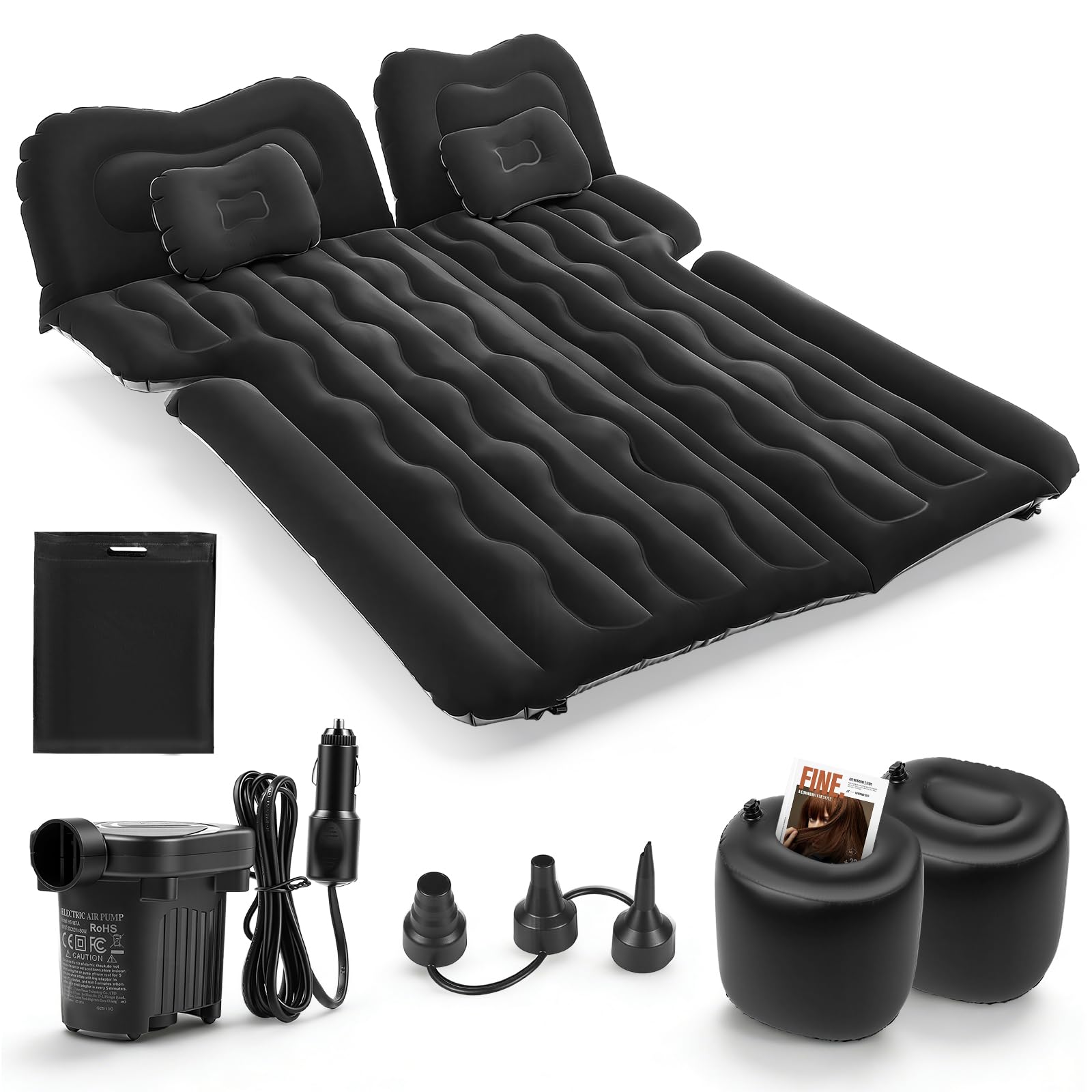 Matelas Gonflable Voiture, Inflatable Mattress pour Coffre, Matelas Pneumatique SUV avec Pompe 12V Incluse + 2 Oreillers,2 Remplisseurs pour Voyage, Camping, Activités de Plein Air (Noir)