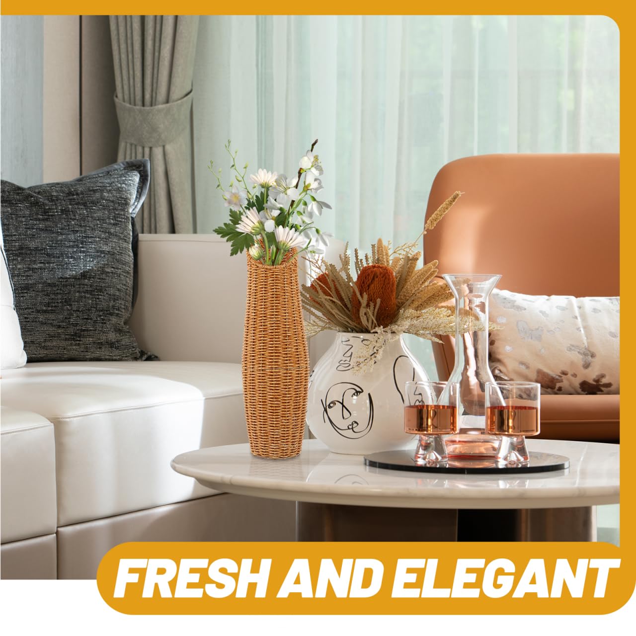 EXCEART Vaso in rattan XXL da appoggio a terra per fiori secchi e decorazione interna elegante e pratico per soggiorno, ufficio, hotel e ristorante