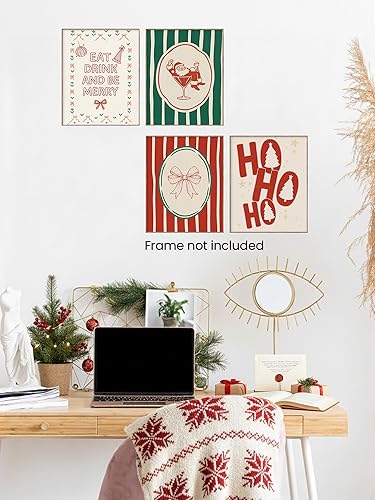 Miniatura 4 de FGFK Juego de 4 impresiones artísticas retro de Navidad en rojo y verde, vintage de los años 70, divertidos pósteres de Navidad, cóctel, Santa