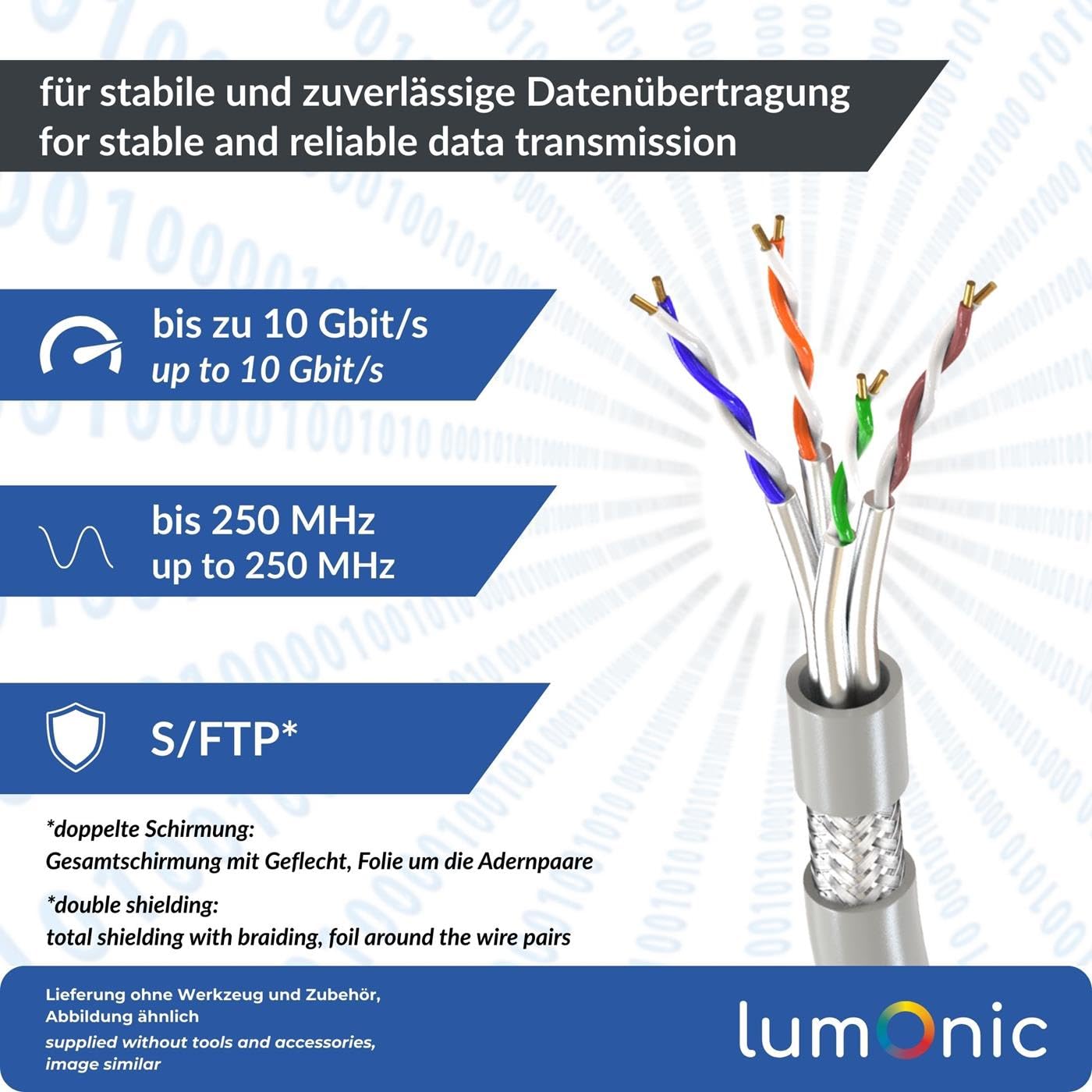 Lumonic LAN Câble de réseau 100m | LAN Câble CAT6 S/FTP | Câble Patch 4x 2x AWG26/7 (échoué) | 250MHz 10 Gbit/s Ethernet