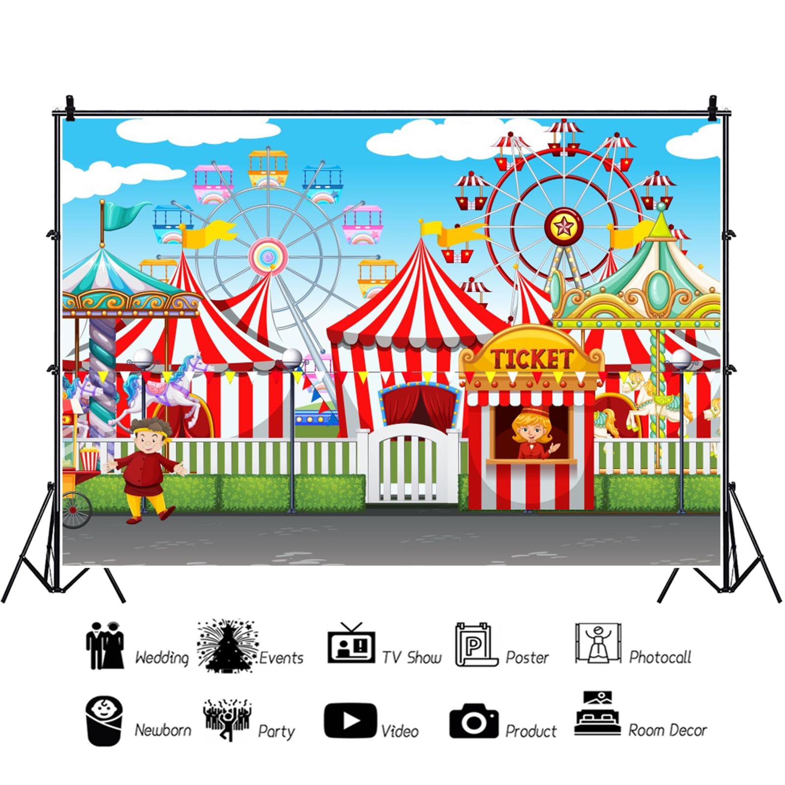 YongFoto 3,5x2,5m Toile de Fond Cirque Fête foraine Cour récréation des tentes Billetterie Carrousel Grande Roue Fond Studio Bannière Photo Party vidéo Enfant Photobooth Accessoires Photographie