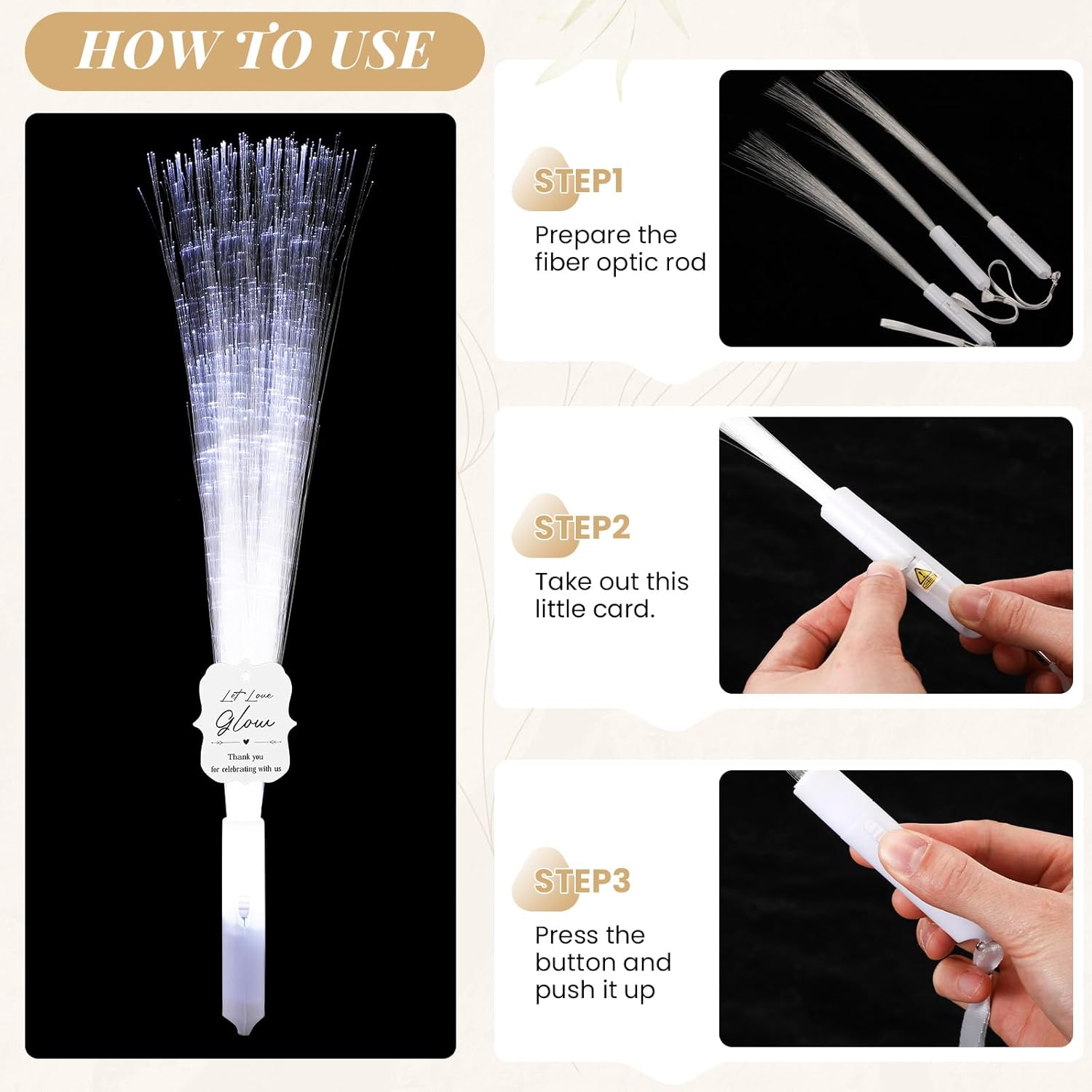 50 Pcs White Fiber Optic Wands with Metal Bucket Glow Sticks LED Wedding Sparklers Bulk with 50 Cards a Photo Frame a Roll of Ribbon for Wedding Bridal Shower Birthday Valentine's Gift