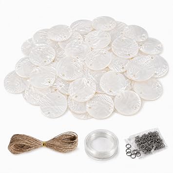 100 Pcs Capiz Shells for Crafts, 1.6 Inch Natural Polished Shell Discs with 2 Holes, Clear String & Nylon Rope Included, Capiz Shell Wall Decor, Wind Chime, Curtains, Jewelry Making, Home Decor