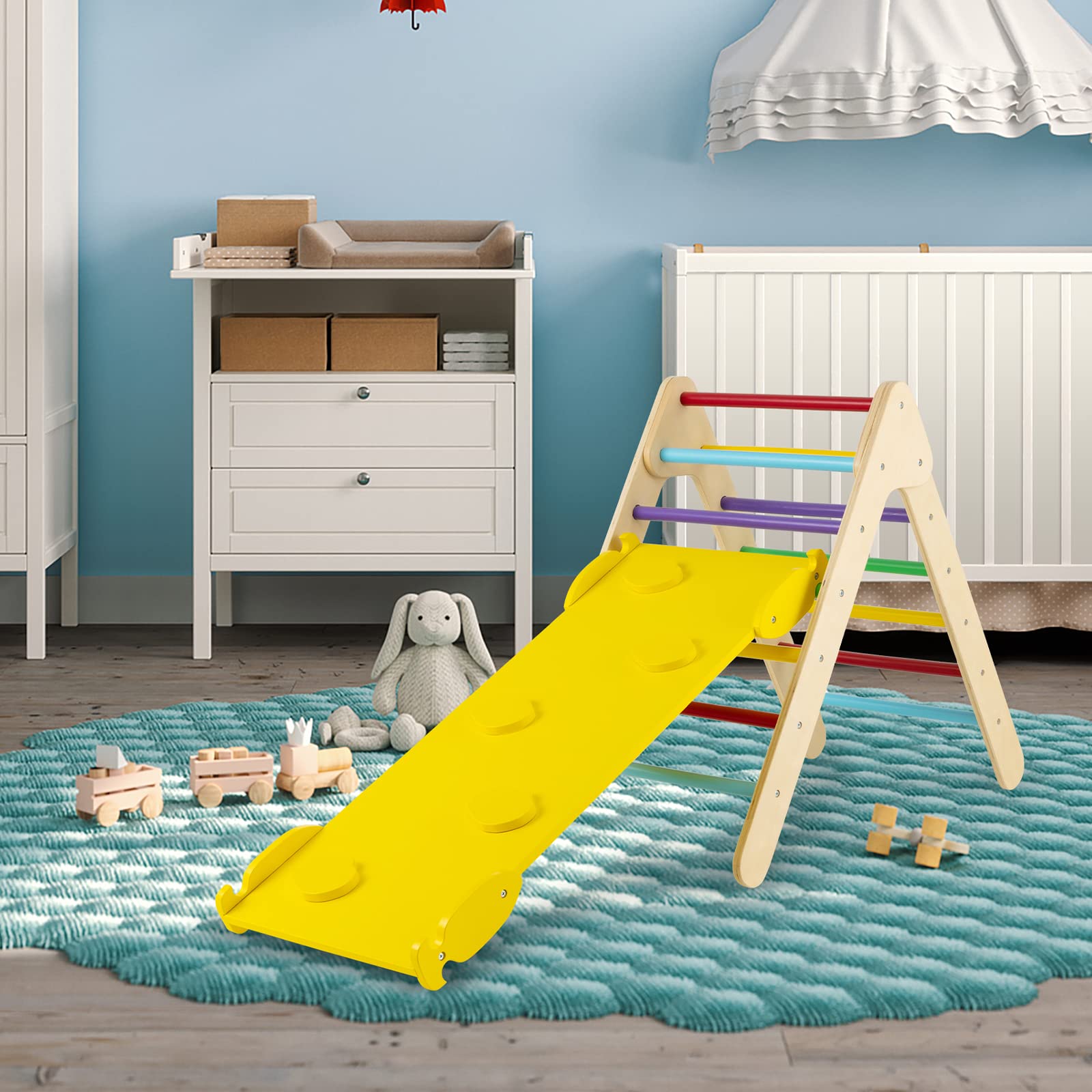 RELAX4LIFE Triángulo de Escalada con Tobogán para Niños, Escalera de Escalada de Madera, Triángulo Estable, Parque de Atracciones para Niños de 1+ Años (Modelo 4 Colorido)