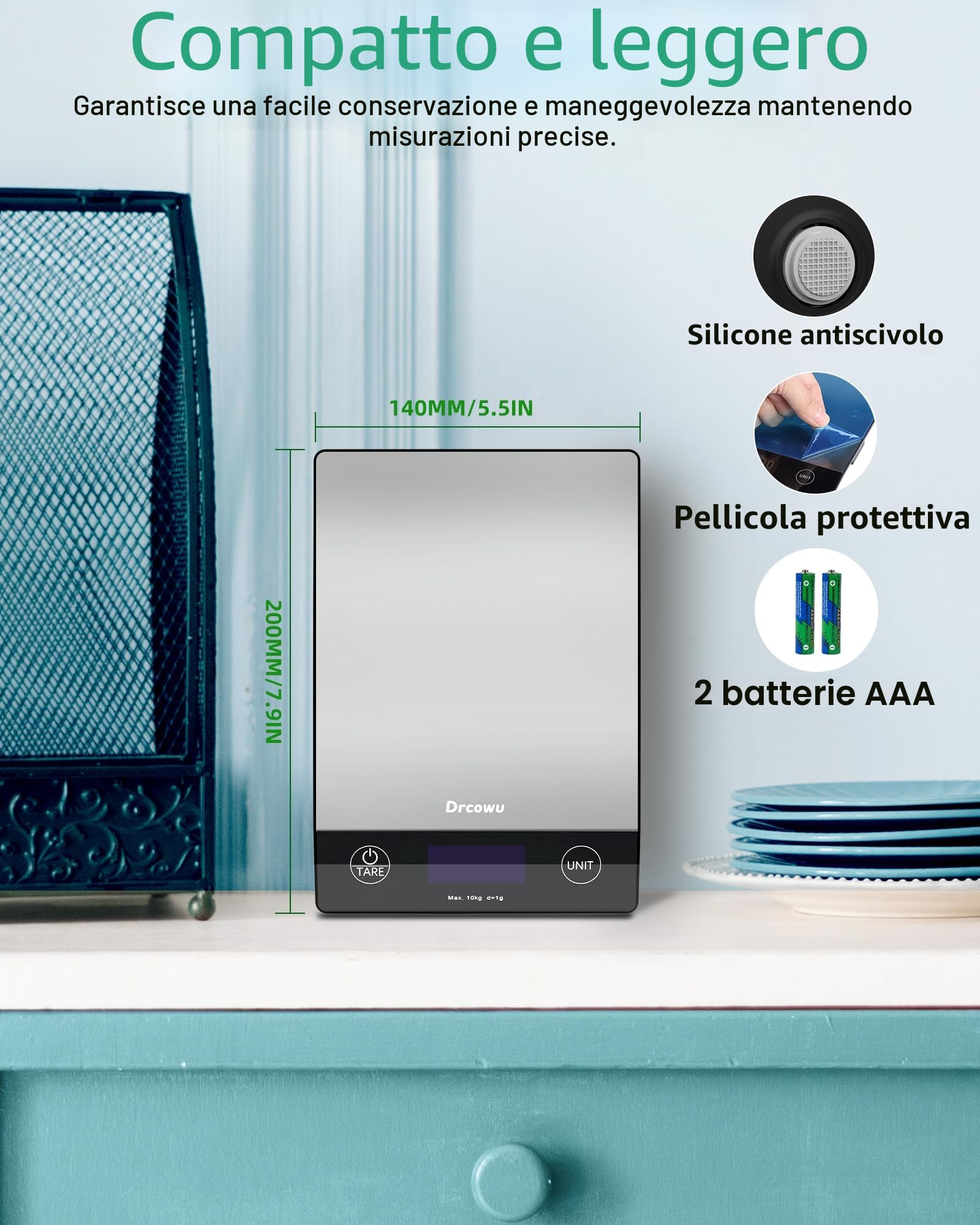 Bilancia Cucina Digitale, 10kg Bilancia da Cucina Professionale, Alta Precisione 1g/0,1oz Pesa Alimenti con Funzione Tare, Display LCD, 6 Unità, Facile da Leggere e da Usare