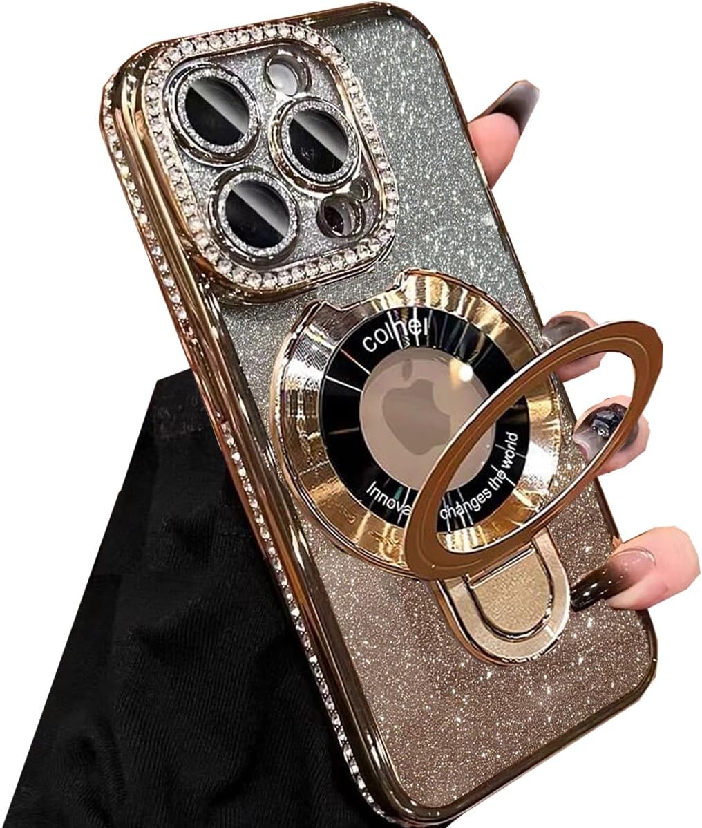 Magnetic Stand Glitter Case for iPhone 16 Pro Max,[Compatible with Magsafe] Luxury Bling Sparkly Rhinestones with Camera Protector Kickstand Women Girls Case for iPhone 16 Pro Max 6.9", Gold - Image 6
