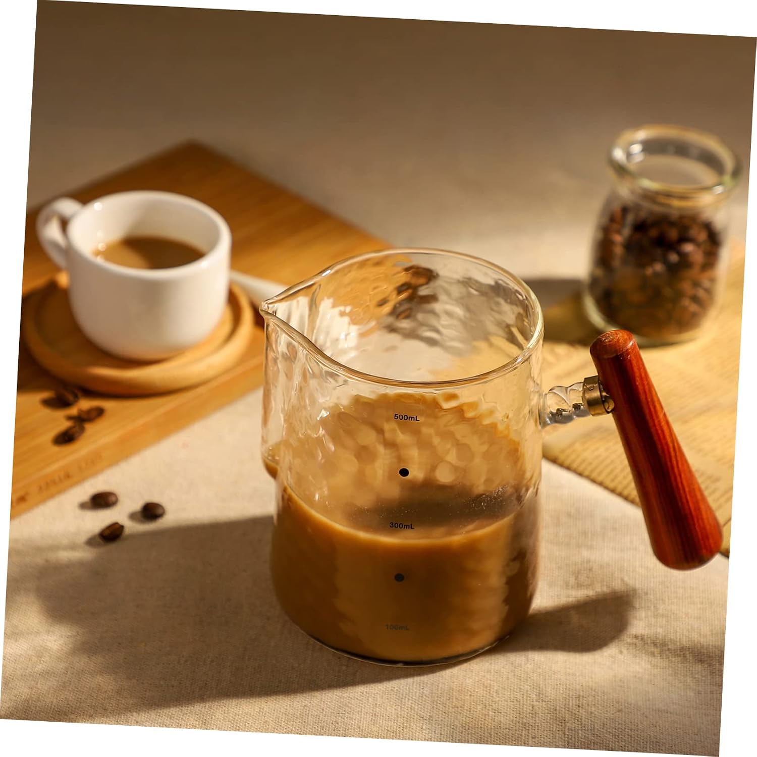 SHOWERORO Glass Milk Frothing Cup with Wood Handle Durable Measuring Pitcher for Coffee Juices and Desserts Elegant Design for Home and Use