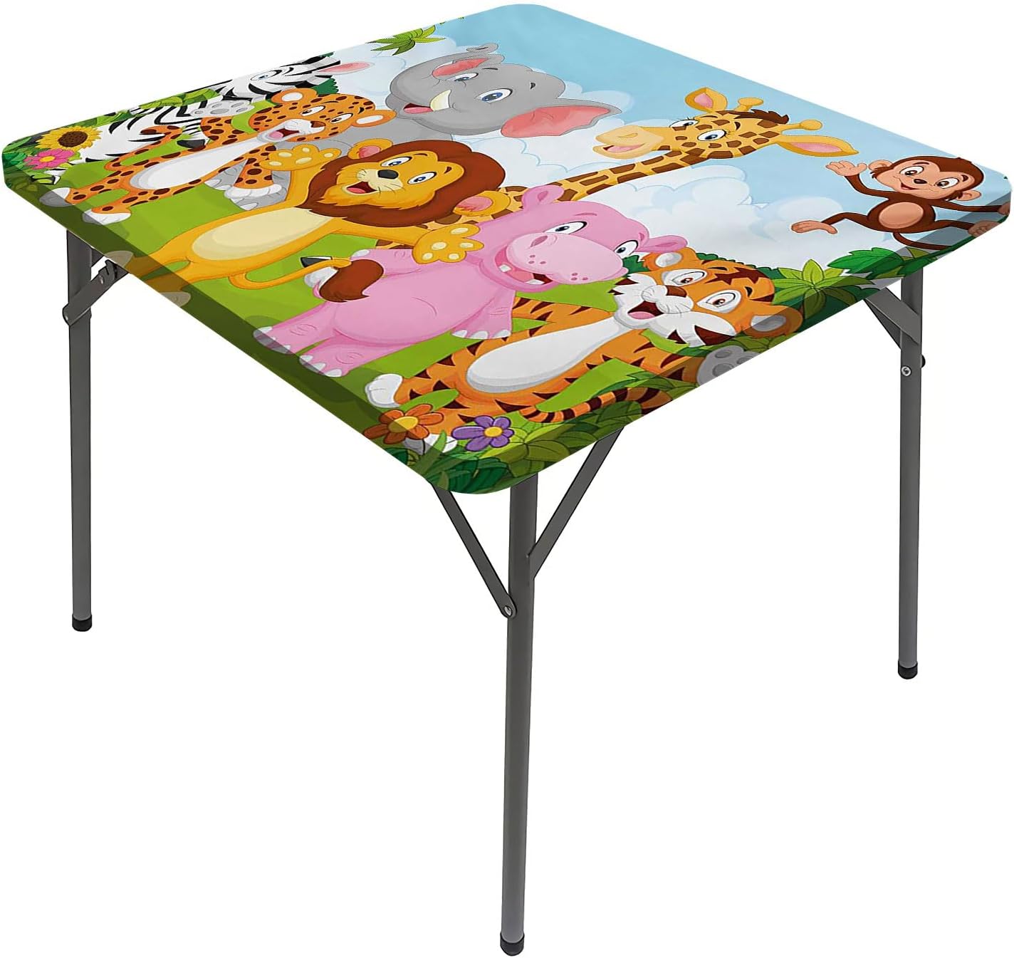 Cartoon Square Tablecloth, Comic African Savannah Animals Playful Friendly Square Dining Table Cover, Fits 52x52 inch Table, for Outdoor Indoor Holiday Picnic Party Cloth, Multicolor