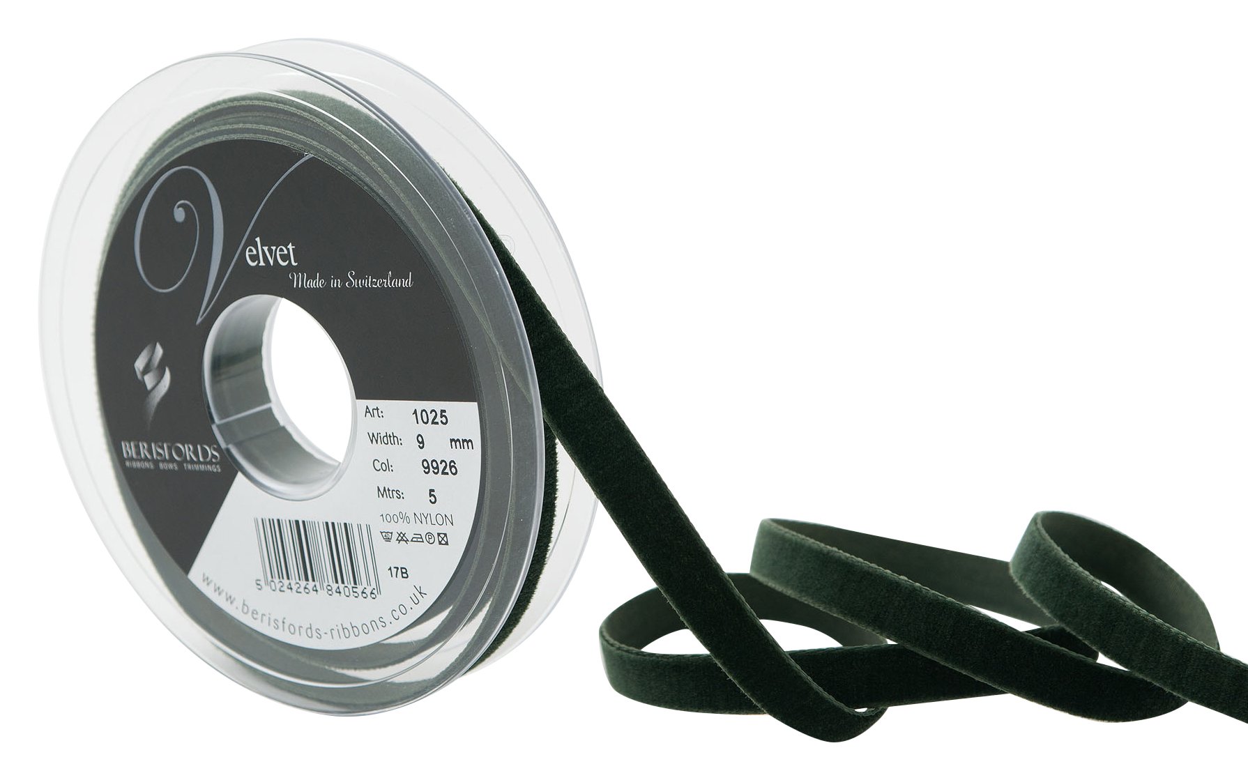 Berisfords Velvet Ribbon, Olive, 102 x 15 x 102 cm