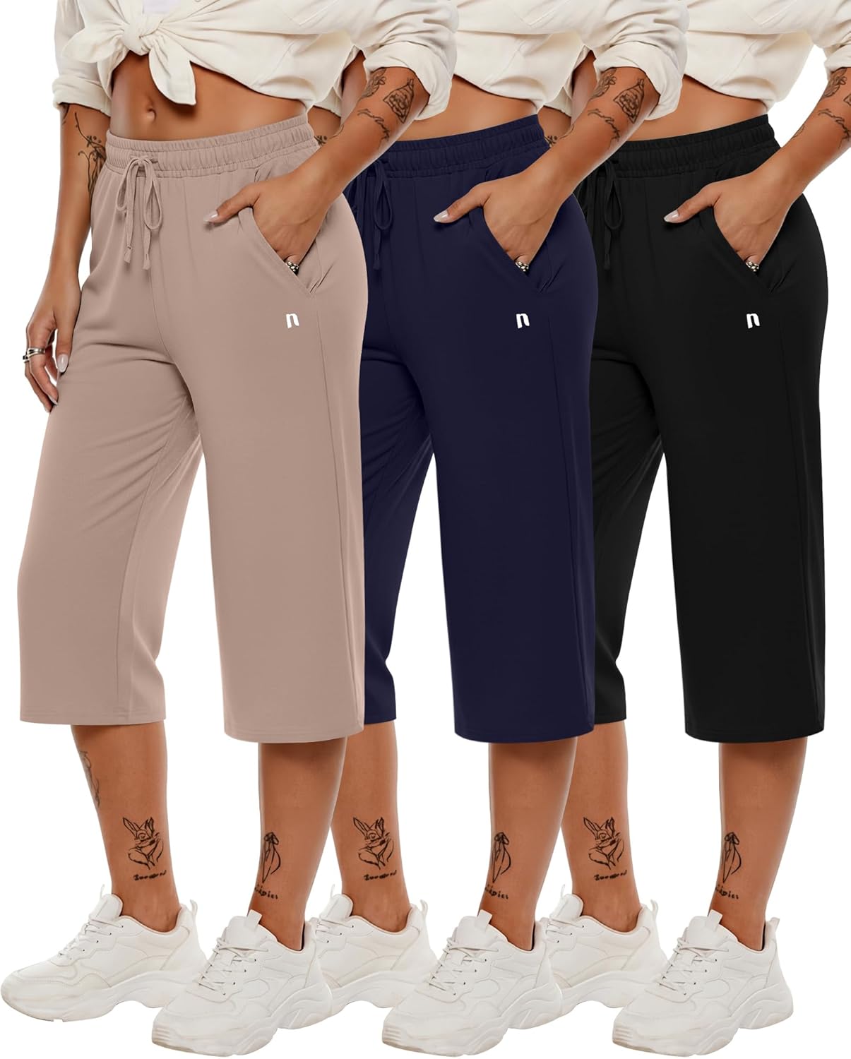 Neer 3 Pack Women's Capri Pants, Wide Leg Basic Sweatpants Lounge Loose Fit Casual Drawstring Yoga Capris with Pockets