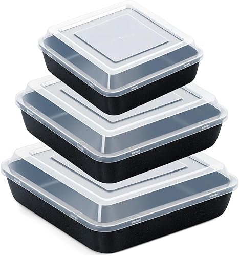 E-far Juego de 3 moldes cuadrados de 689 pulgadas con tapa, antiadherentes cuadrados para hornear, núcleo de acero inoxidable y fácil de limpiar, 6