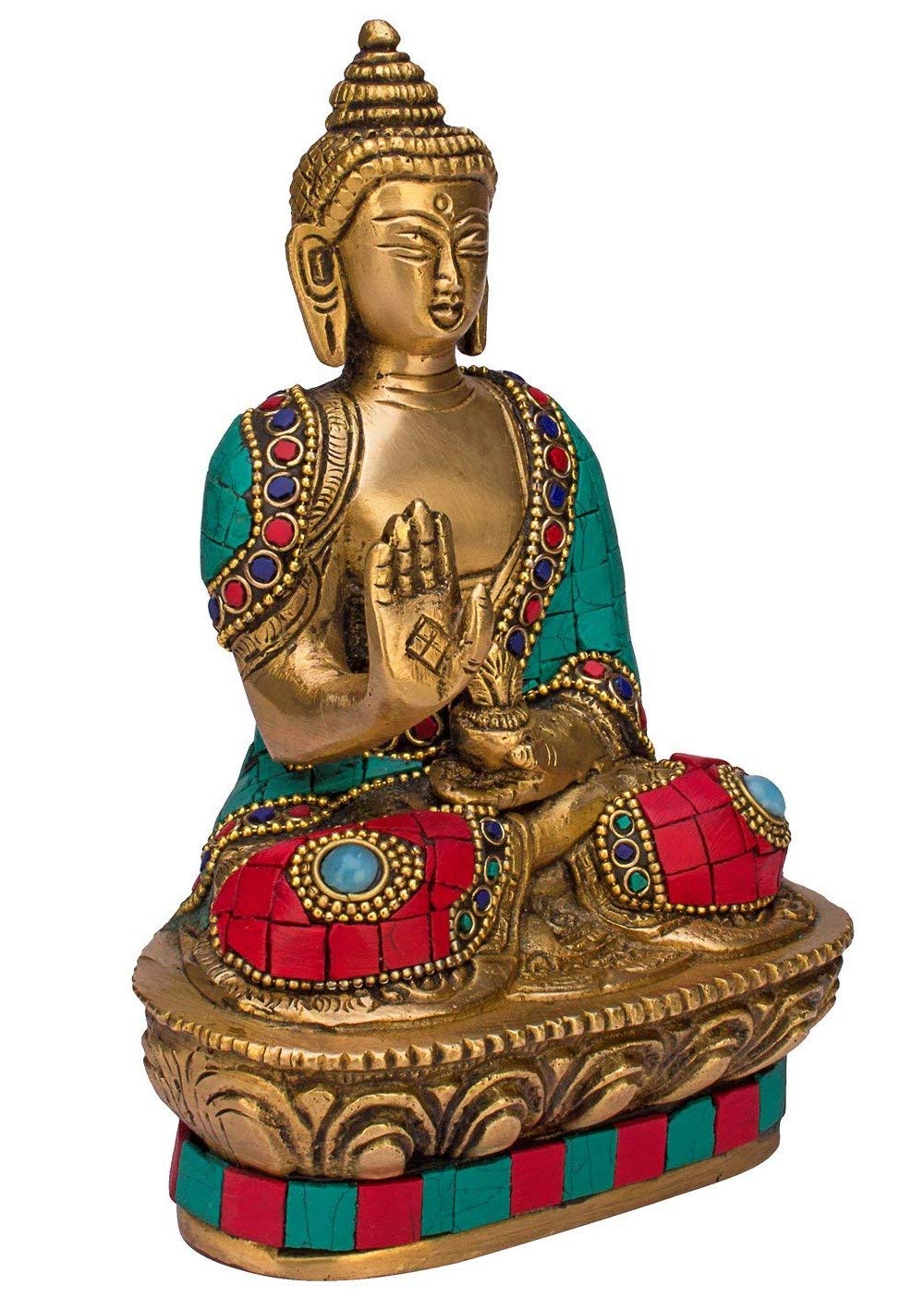 ARTVARKO Buddha Statue Blessing Brass with Multicolor Stone Handwork Home Décor Entrance Office Table Living Room Meditation Luck Gift Feng Shui Height 7 Inch Standard Multicolour