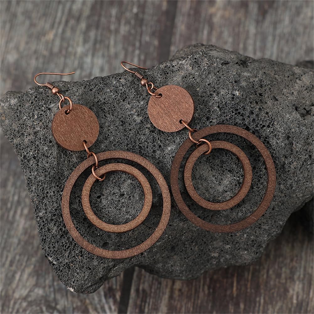 Wooden Round Earrings Handmade Lightweight Vintage Bohemian Dangle Drop Earrings for Women Jewelry Gifts - Image 7