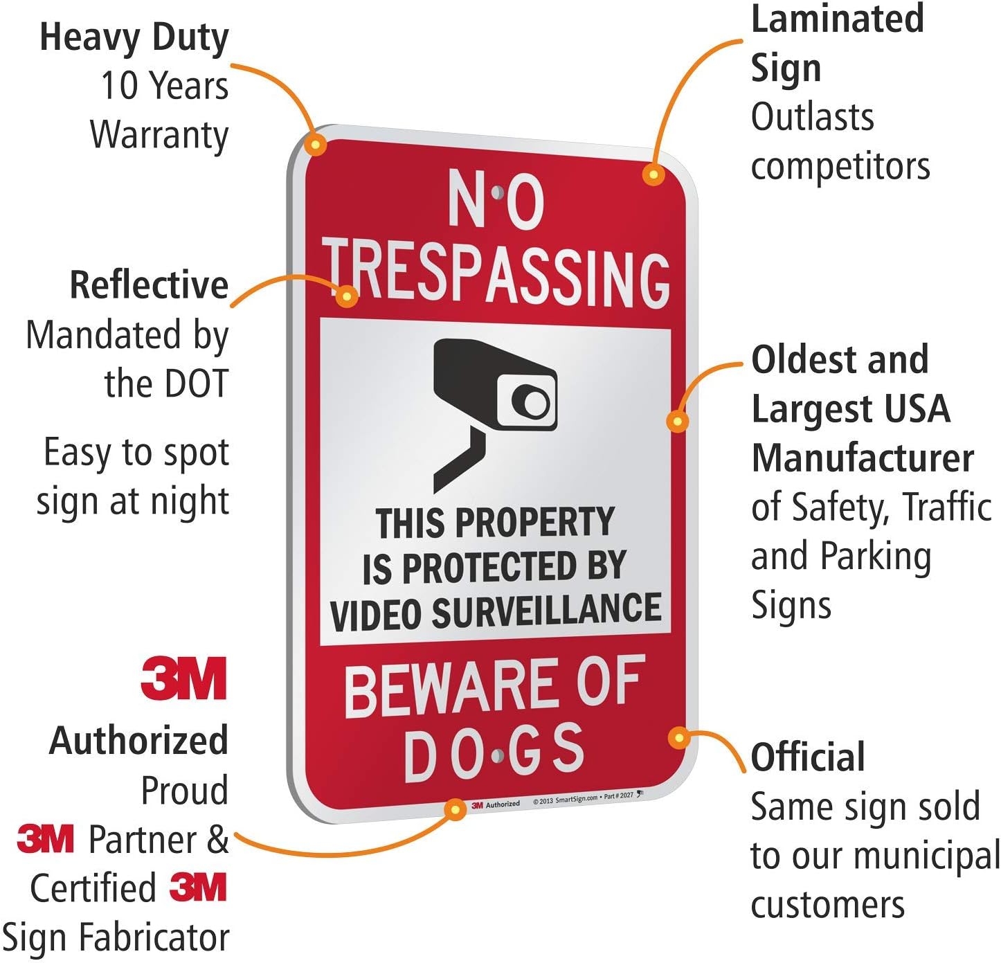SmartSign-T1-1095-EG "No Trespassing - Property Protected By Video Surveillance, Beware Of Dogs" Sign | 12" x 18" 3M Engineer Grade Reflective Aluminum , Black/Red on White