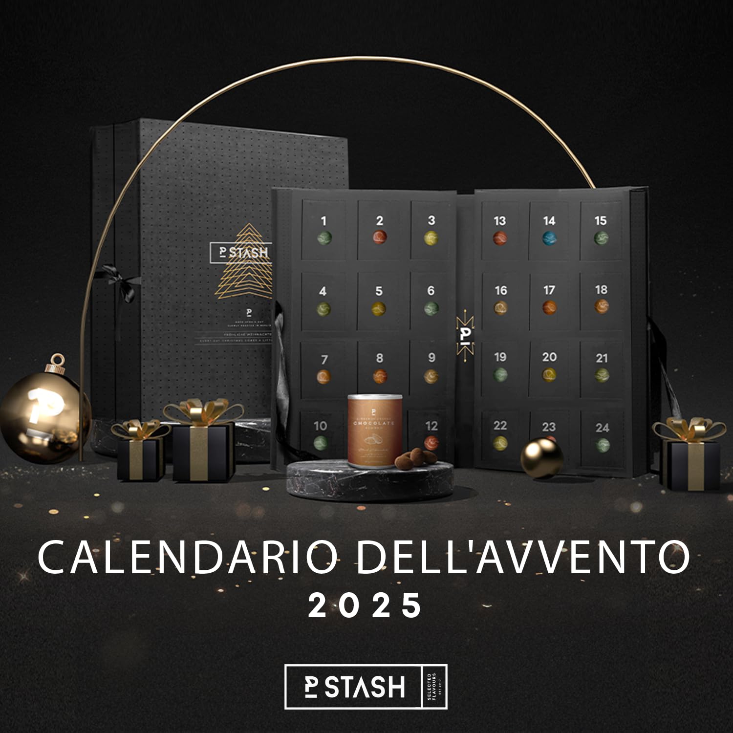 Calendario dell'Avvento P-Stash 2025 - Calendario di Natale con frutta secca e cioccolato - Pistacchi, mandorle, nocciole, arachidi e molto altro ancora. - Miscela di frutta secca con spezie uniche