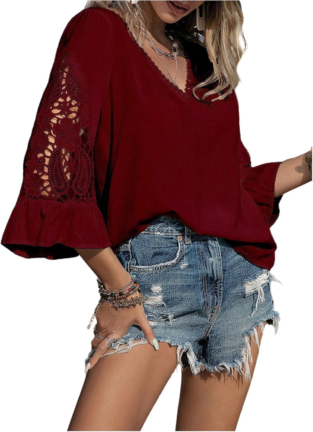 Floerns Women's Summer Hollow Out 3/4 Length Sleeve Blouse Top V Neck Western Shirts