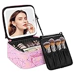 Chomeiu Makeup Bag with LED Mirror, Cute Cosmetic Bags Birthday Gifts for Girls Women, Makeup Train Case Artists Organizer Large Make Up Bags with Light Up Mirror 3 Color Lights, Pink Geometry