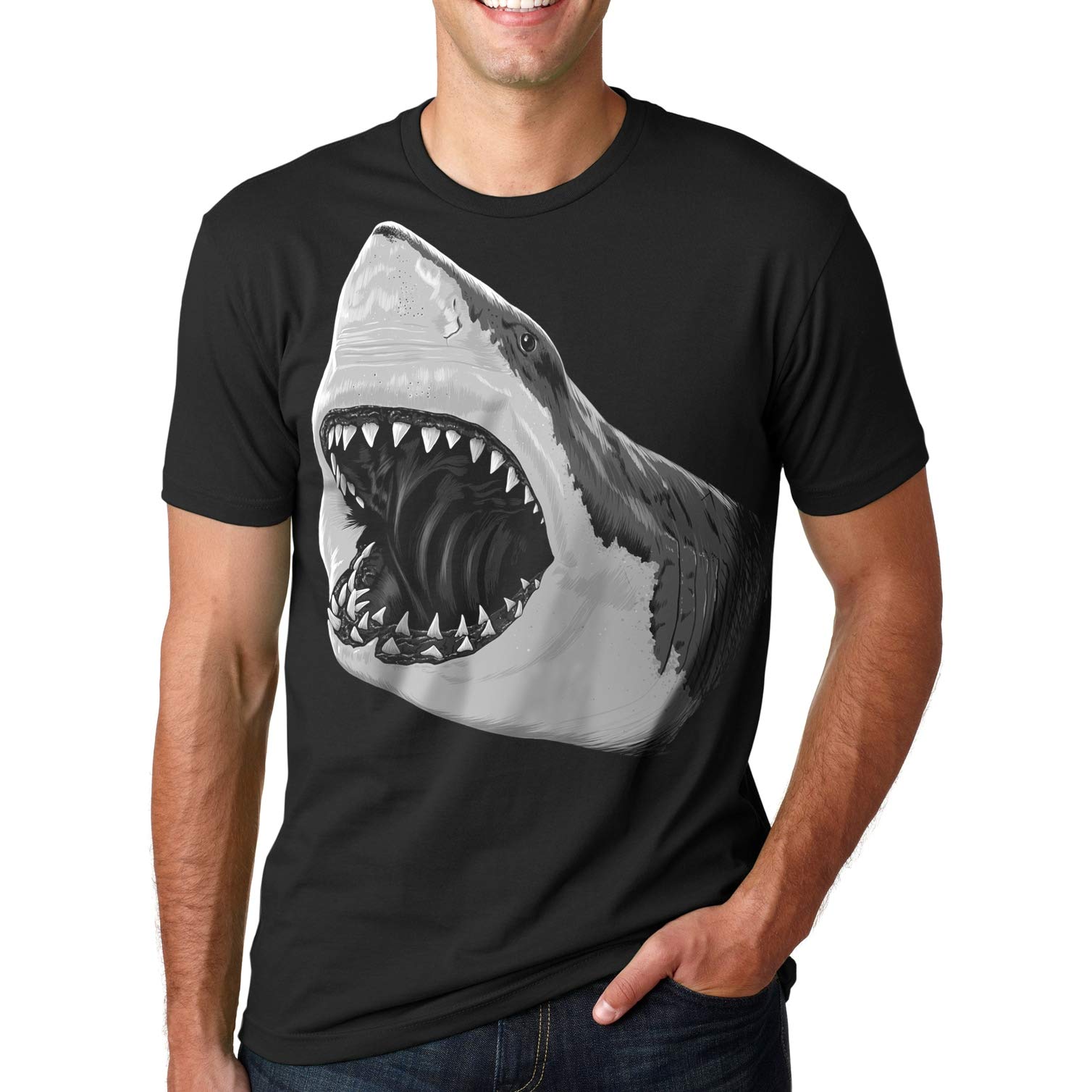 Crazy Dog T-ShirtsMens Great White Shark T Shirt Pearly Teeth Jaws Attacking Cool Graphic Tee