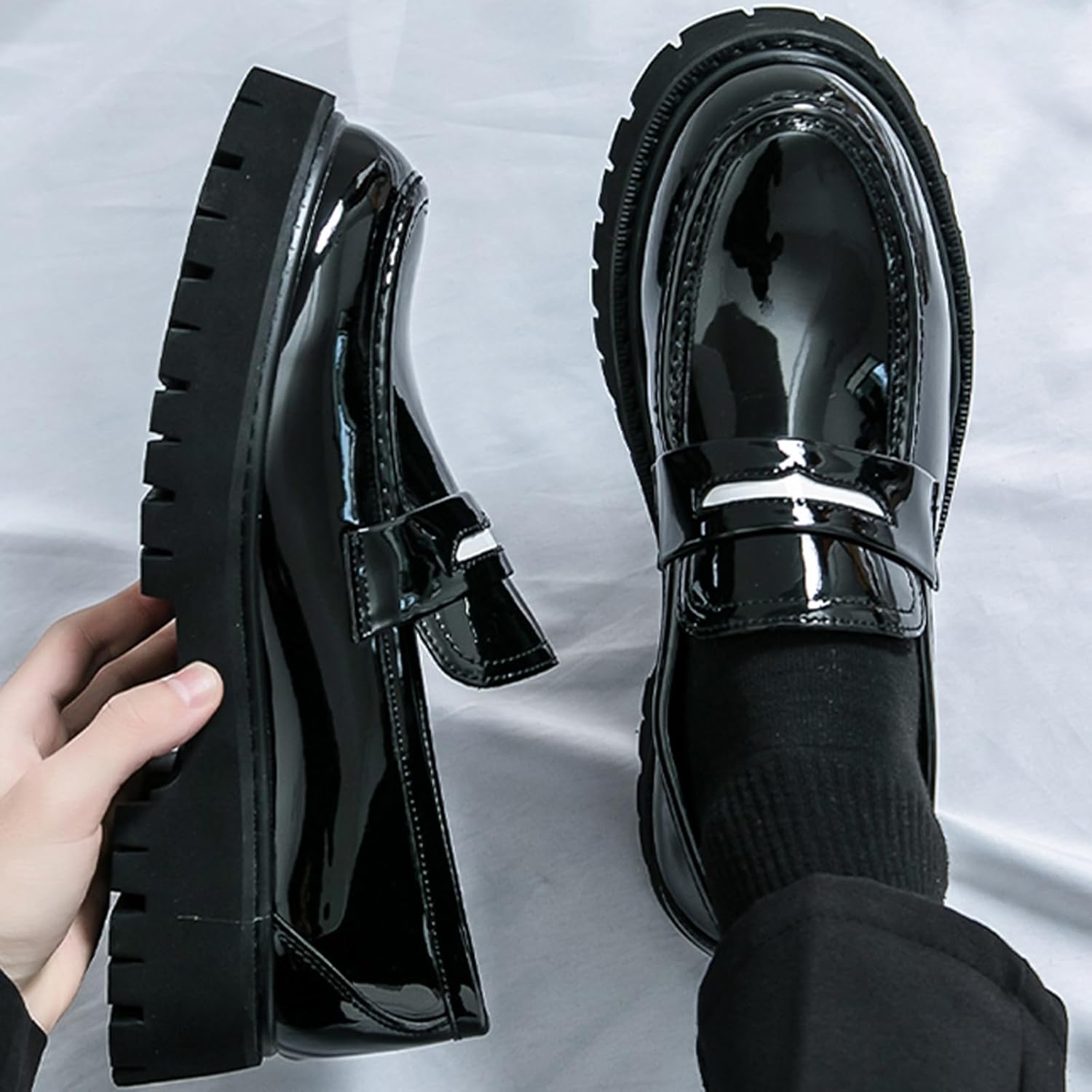 Men's Fashion Black and White Two Tone Chunky Platform Penny Loafers Classic Slip-On Lug Sole Business Work Dress Shoes Daily Non-Slip Shock Absorbing Casual Shoes Large Size 5.5-14 - Image 3