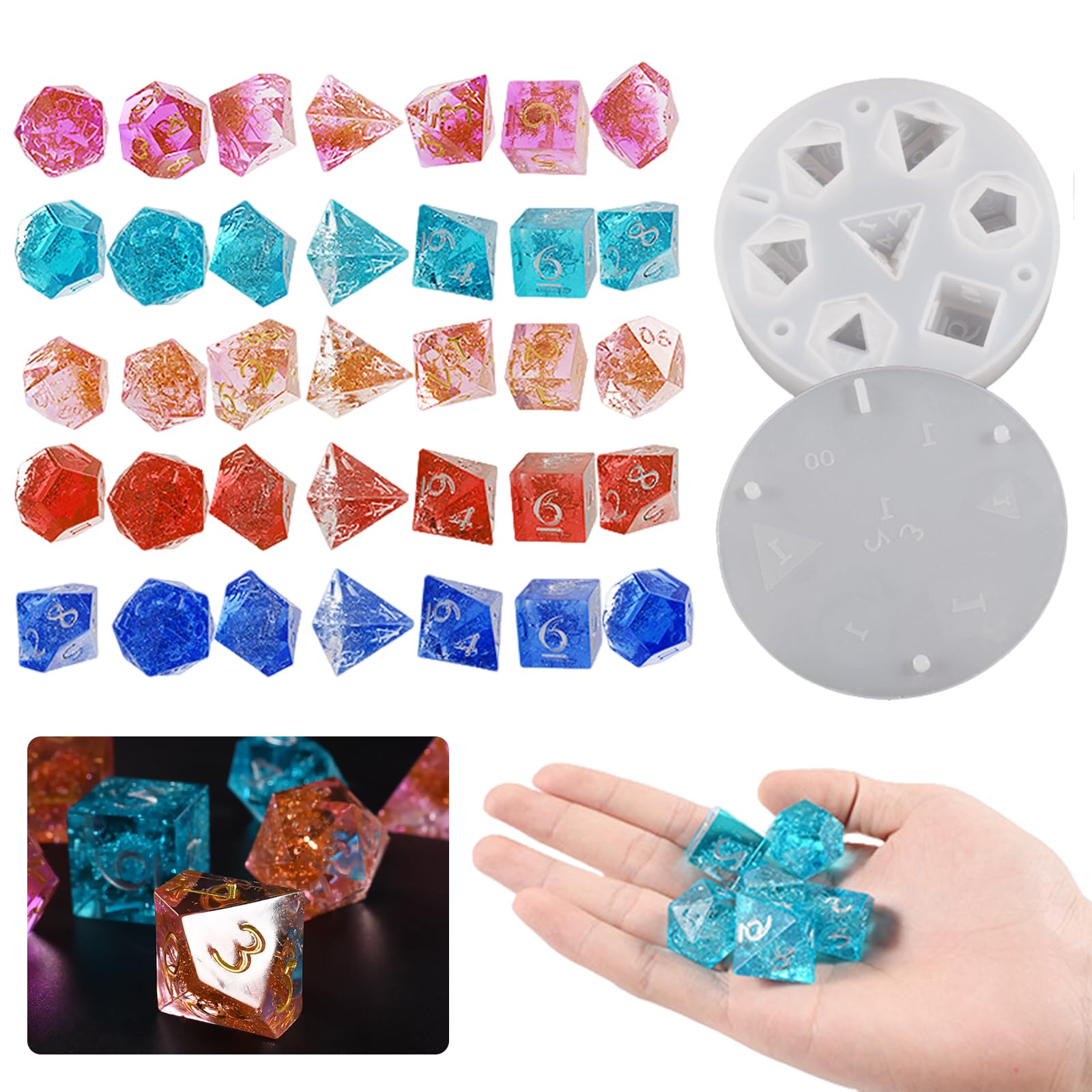 Silicone Dice Moulds, Polyhedral Dice Mold 7 Shapes Silicone Dice DND, Game Dice Moulds DIY Table Board Game with 2 Cup and Mixing Tool for Children and Adult