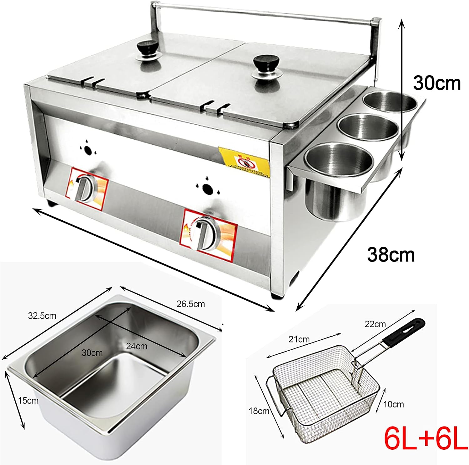 Outdoor Stovetop Fryer Thicken Stainless Steel Chicken Chips Fryer, with Basket & Temperature Control for Home and Commercial Use(6L+6L)