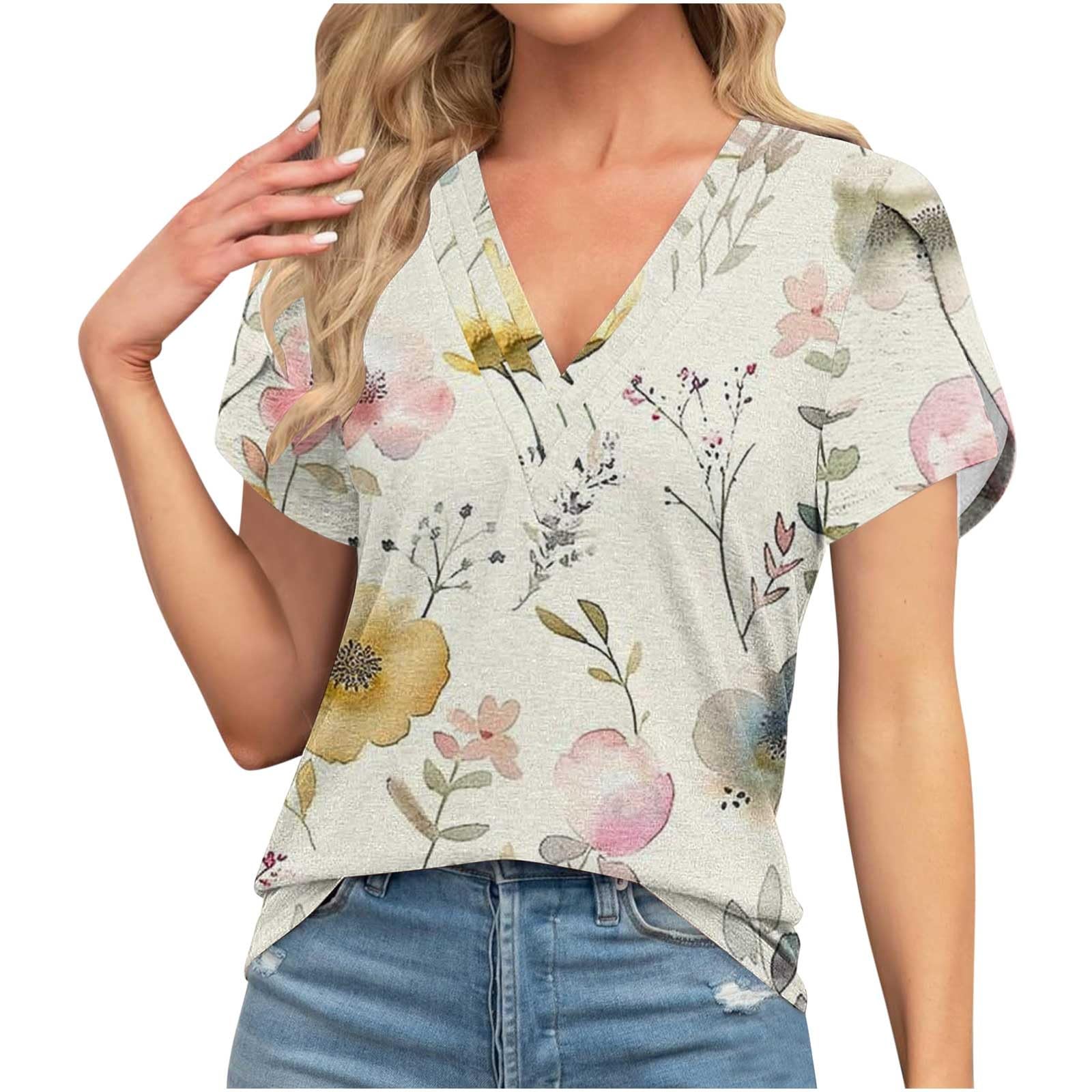 AOREUGLWomens Summer Tops Casual 2024 Trendy Petal Short Sleeve v Neck Shirts Loose Comfy Cruise Wear Vacation Blouses
