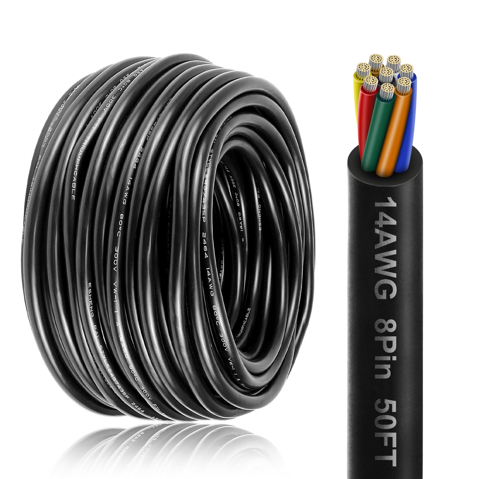 14 Gauge 8 Conductor Electrical Wire, 50FT 14AWG PVC Thermostat Wire, Low Voltage Landscape Wire, Flexible Cord for LED Lighting Strips Automotive